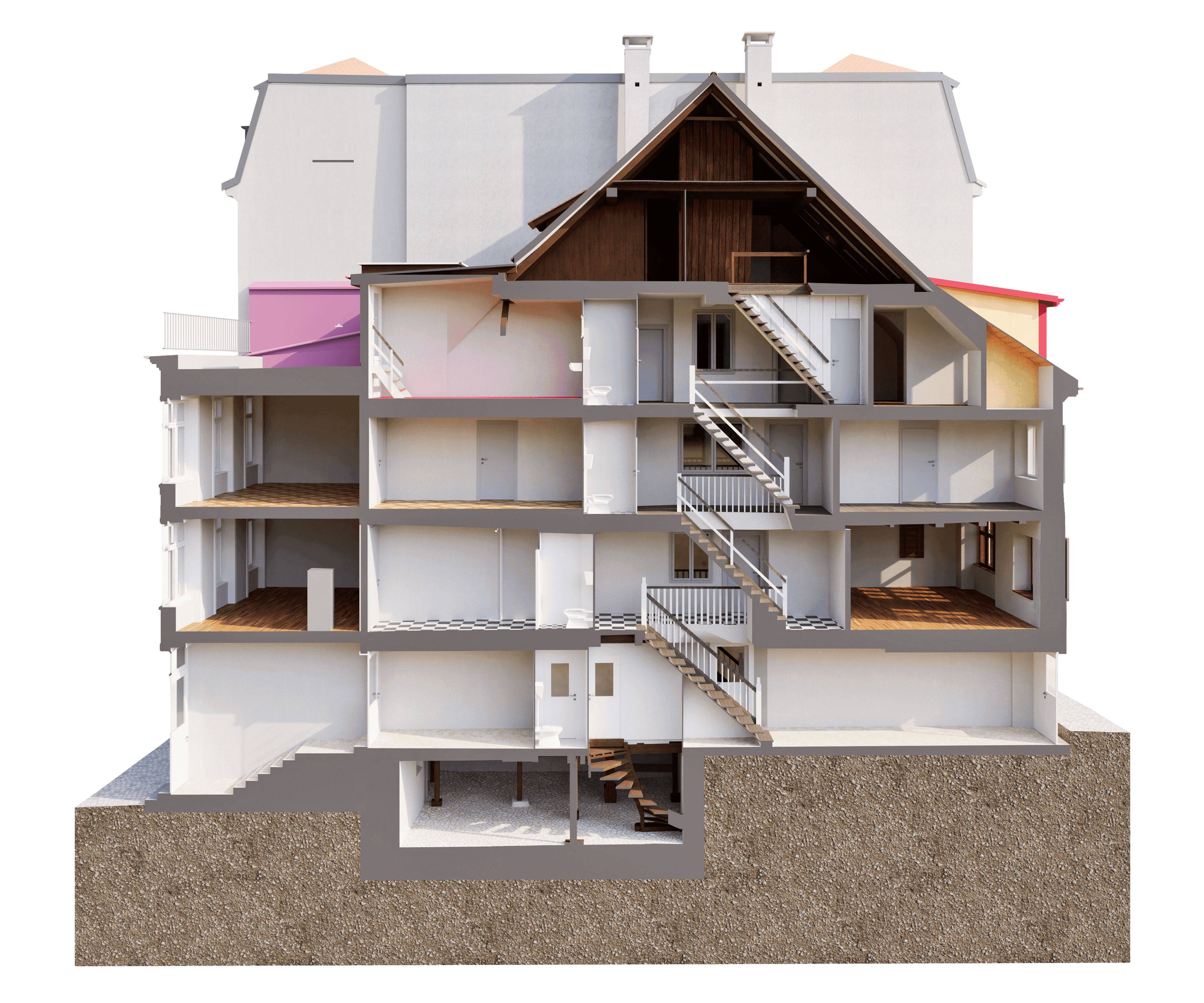 3D-Schnittmodell eines mehrstöckigen Hauses mit Dachboden, Treppenhaus und Kellergeschoss, zeigt Innenräume und Raumaufteilung im Querschnitt für Architektur und Bauplanung