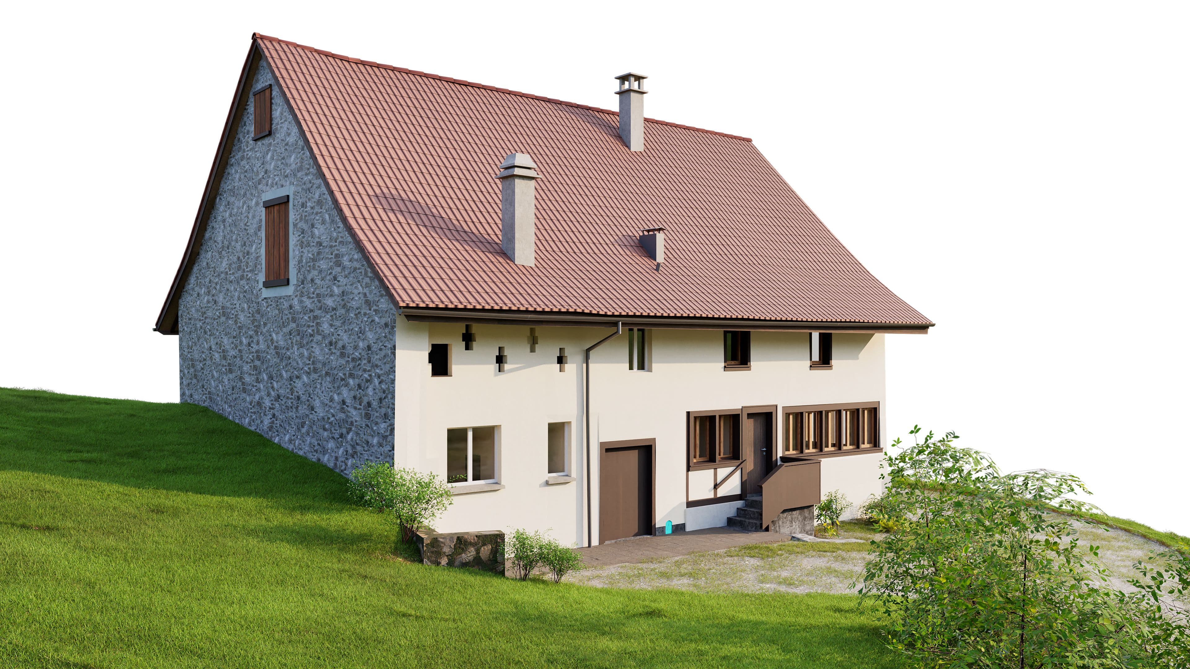 Einfamilienhaus mit rotem Dach auf grüner Wiese, weiße und graue Außenfassade.