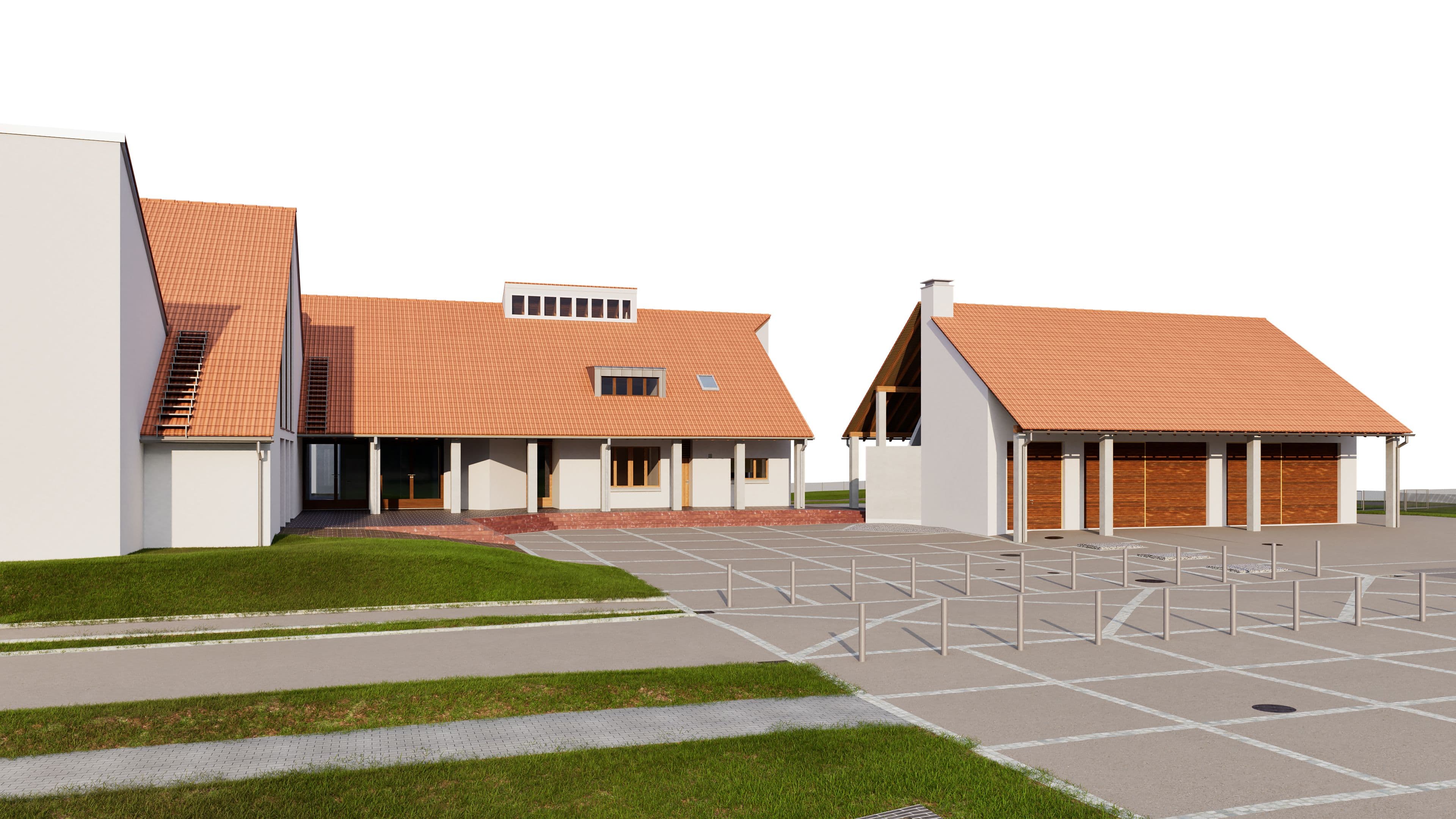 Moderne Gebäude mit roten Ziegeldächern, großer gepflasterter Fläche und Grünflächen im Vordergrund.