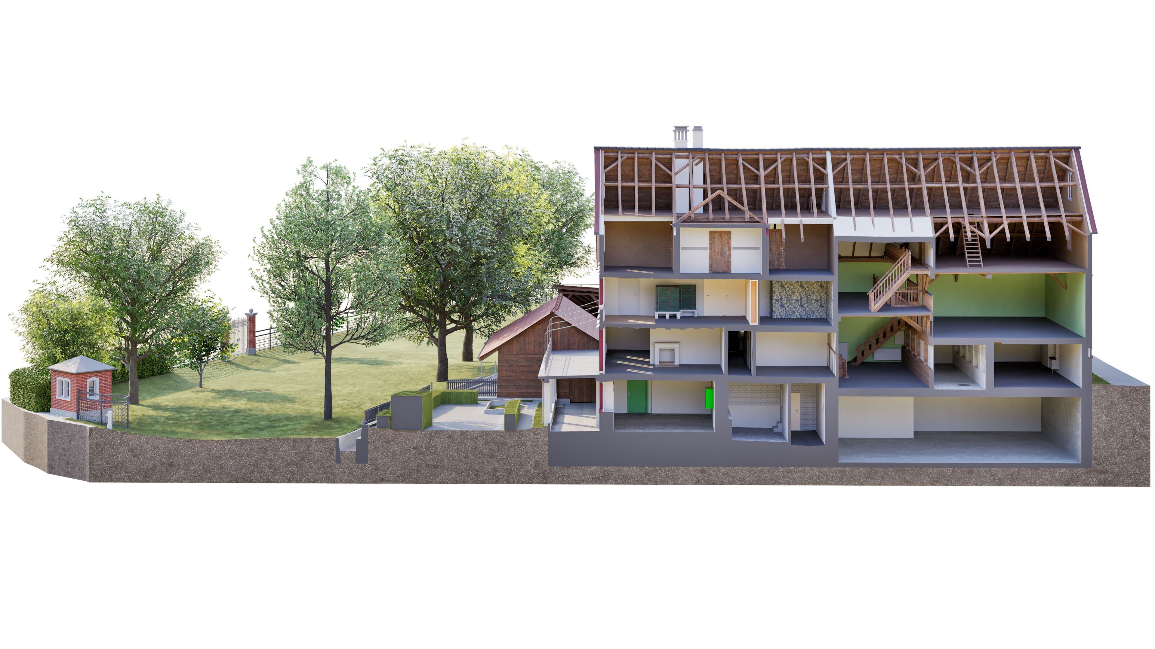 Architektur-Visualisierung: Gebäudeschnitt eines mehrstöckigen Hauses mit Holz-Dachstuhl, Innenräumen und Treppenhaus; daneben grünes Grundstück mit Bäumen, Wiese und kleinem Nebengebäude.