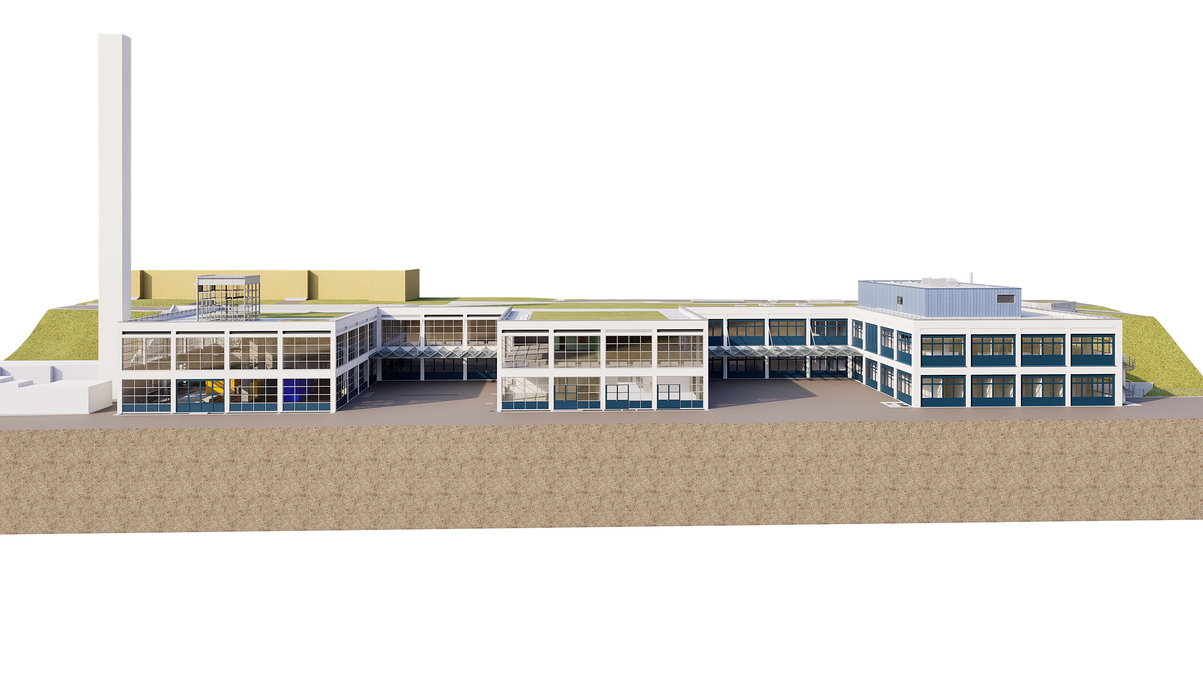 3D-Architekturvisualisierung eines modernen Industrie- und Verwaltungsgebäudes mit Glasfassaden, Innenhof und hohem Schornstein, Frontansicht auf weißem Hintergrund.