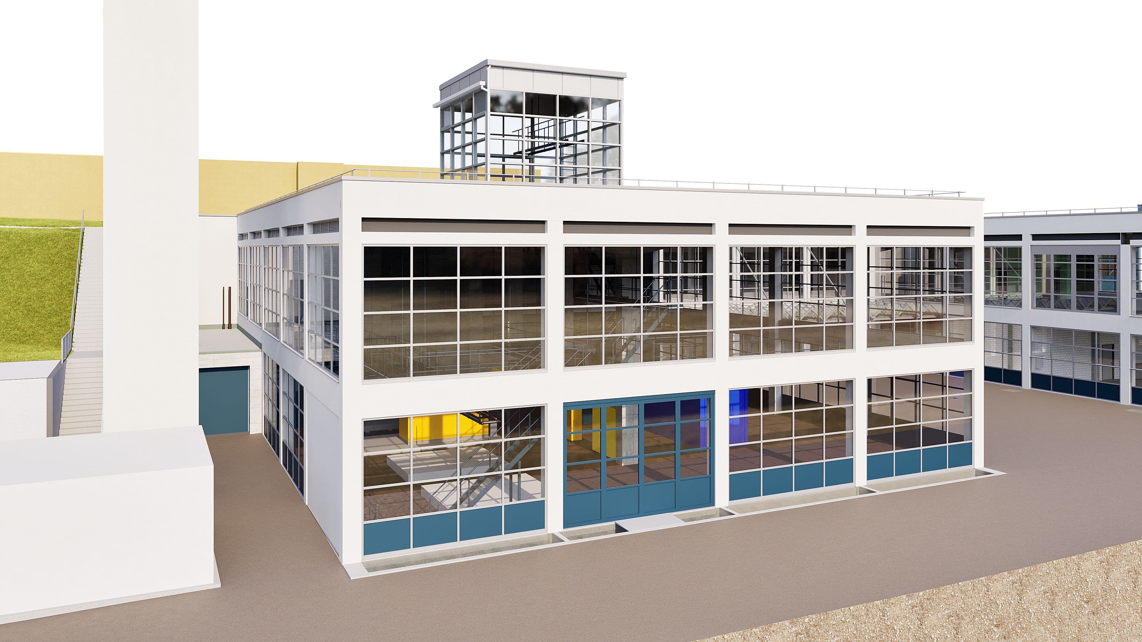 3D-Architekturvisualisierung eines modernen Industrie- und Bürogebäudes mit großen Glasfassaden, Innenhof und Dachaufbau, weiß-blaues Design, Perspektivansicht im Außenbereich.