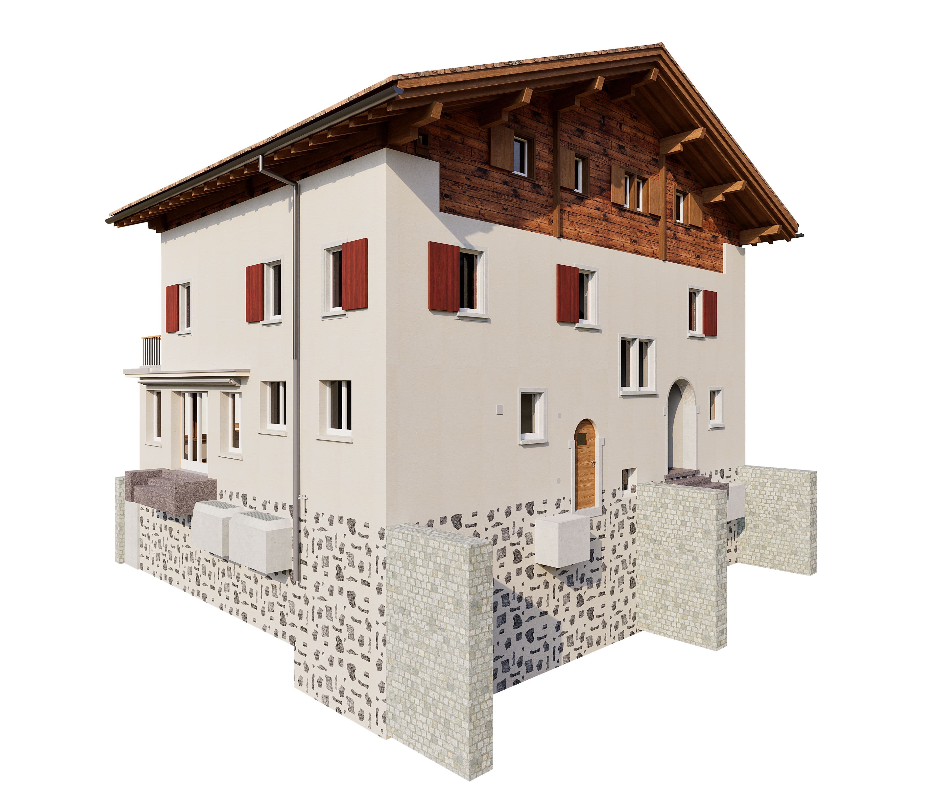 3D-Visualisierung eines modernen Alpenhauses mit weißer Fassade, Holzgiebel, roten Fensterläden und Natursteinsockel, freigestellt vor weißem Hintergrund.