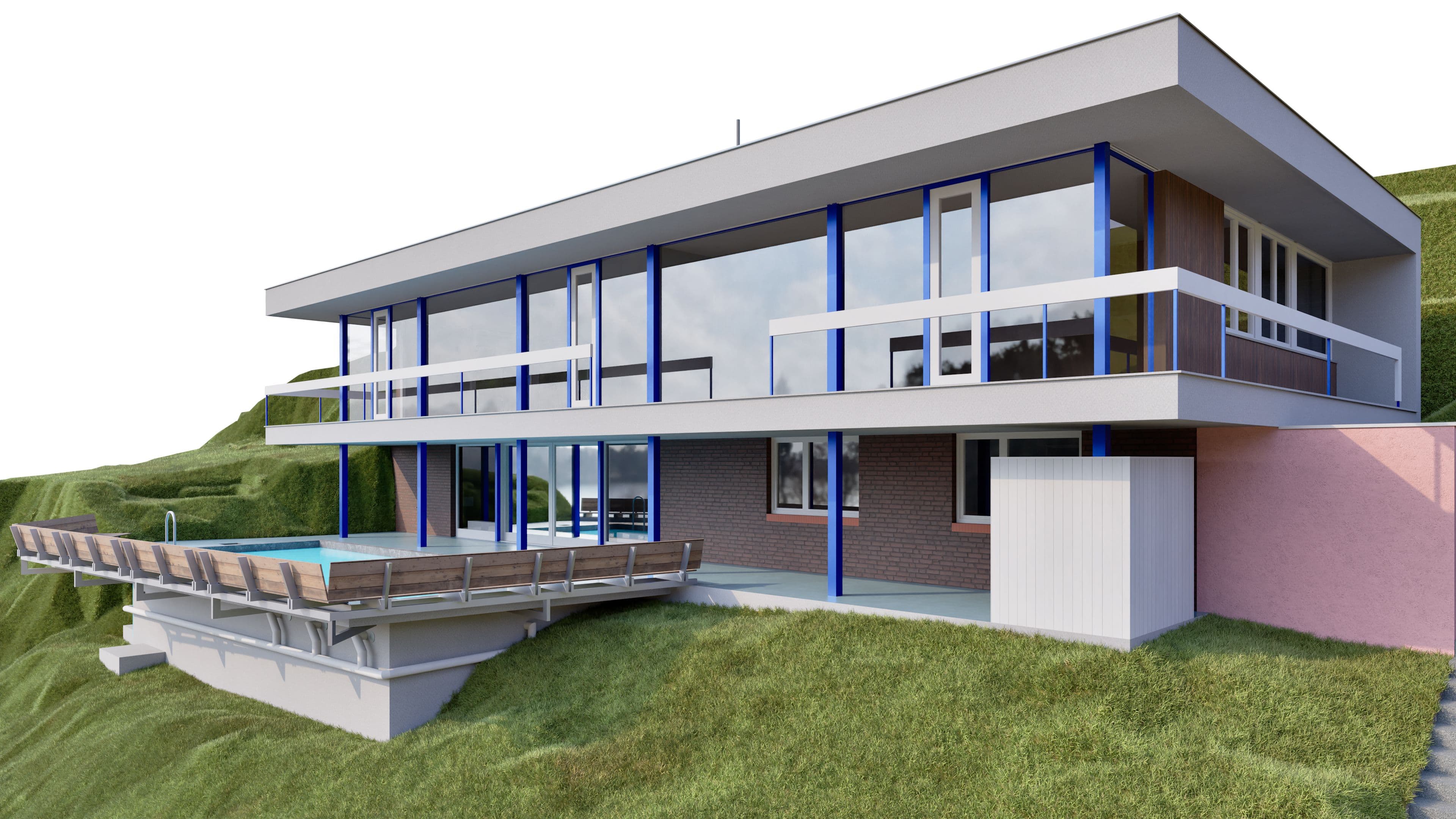 3D-Visualisierung eines modernen zweistöckigen Hauses am Hang mit großen Glasfronten, Balkon und Terrasse, Flachdach, blauen Stützen und Blick ins Grüne.