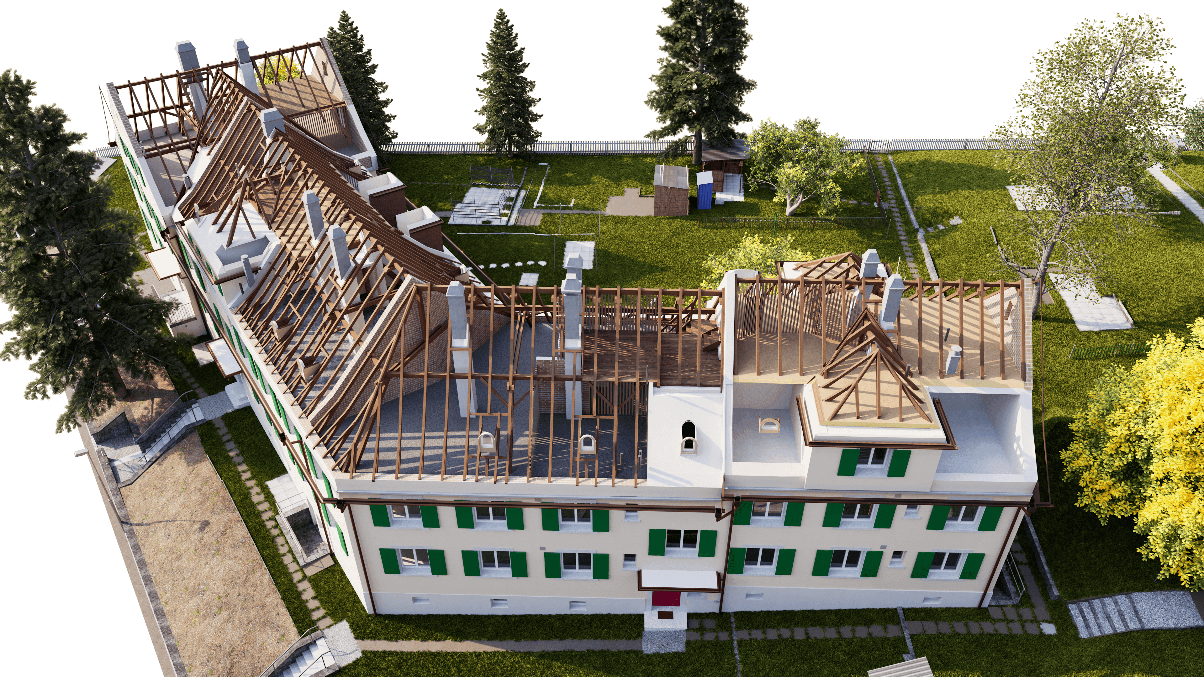 Luftaufnahme eines großen weißen Gebäudes mit grünen Fensterläden; Dachstuhl und Holzbalken sichtbar, teilweise abgedeckt. Das Gebäude liegt in einer grünen Anlage mit Bäumen und Wegen.