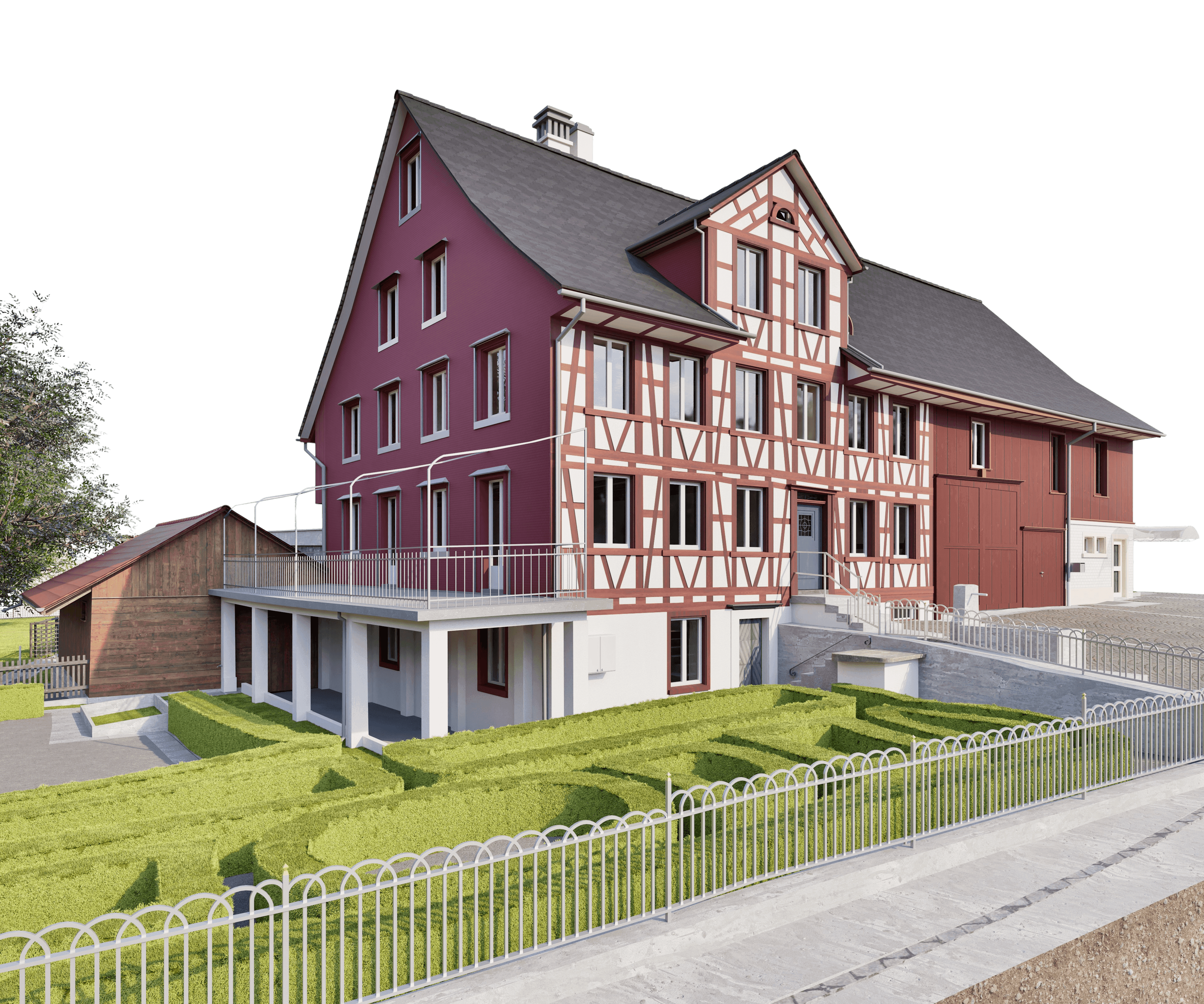 Renoviertes Fachwerkhaus mit modernem Anbau, Terrasse und gepflegtem Garten; großes Wohngebäude mit roten und weißen Fassaden, Schrägdach und Zaun an der Straße.