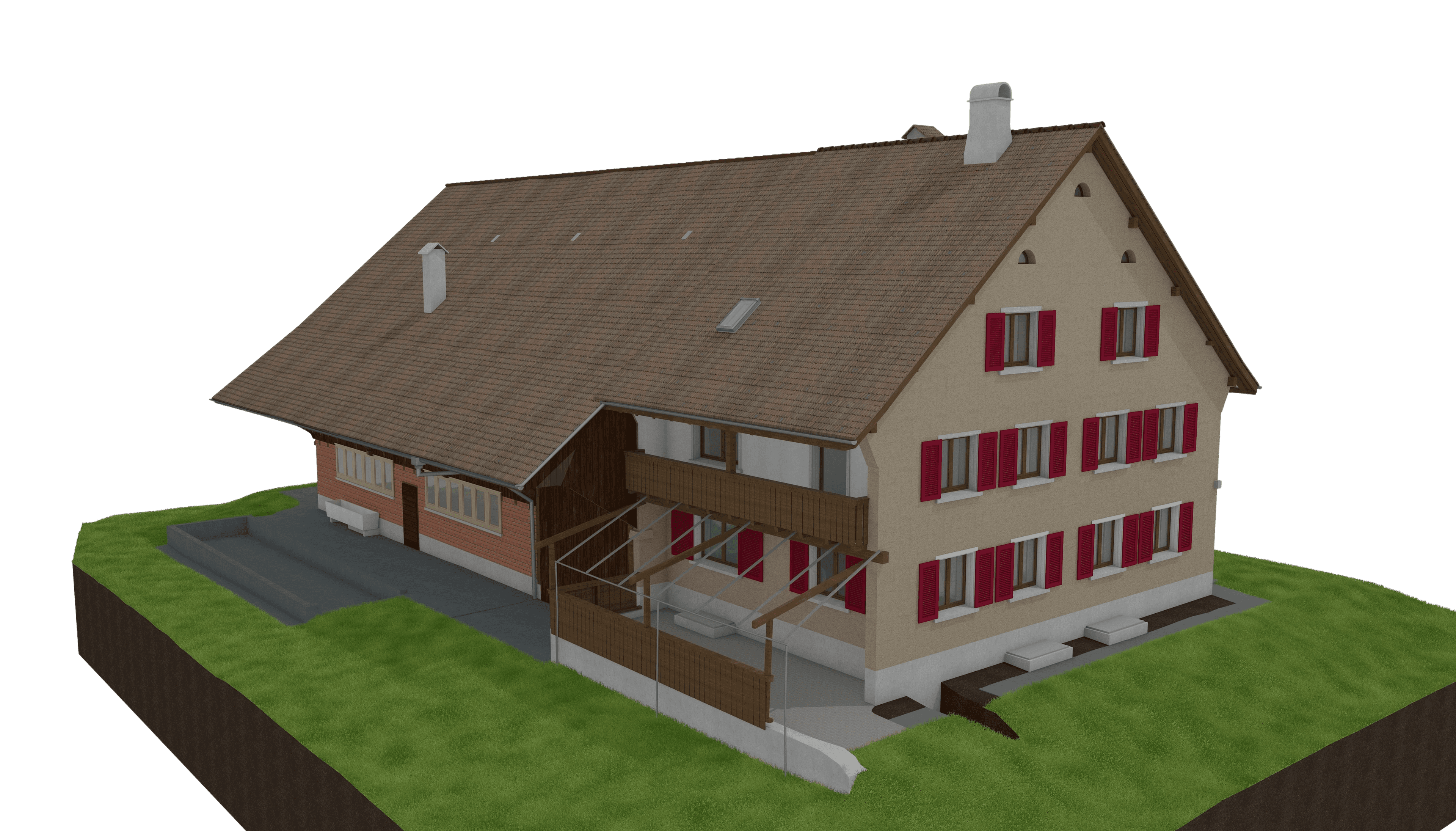 Ein traditionelles, großes Haus mit rotem Dach, weißer Fassade und roten Fensterläden auf einem grünen Grundstück.