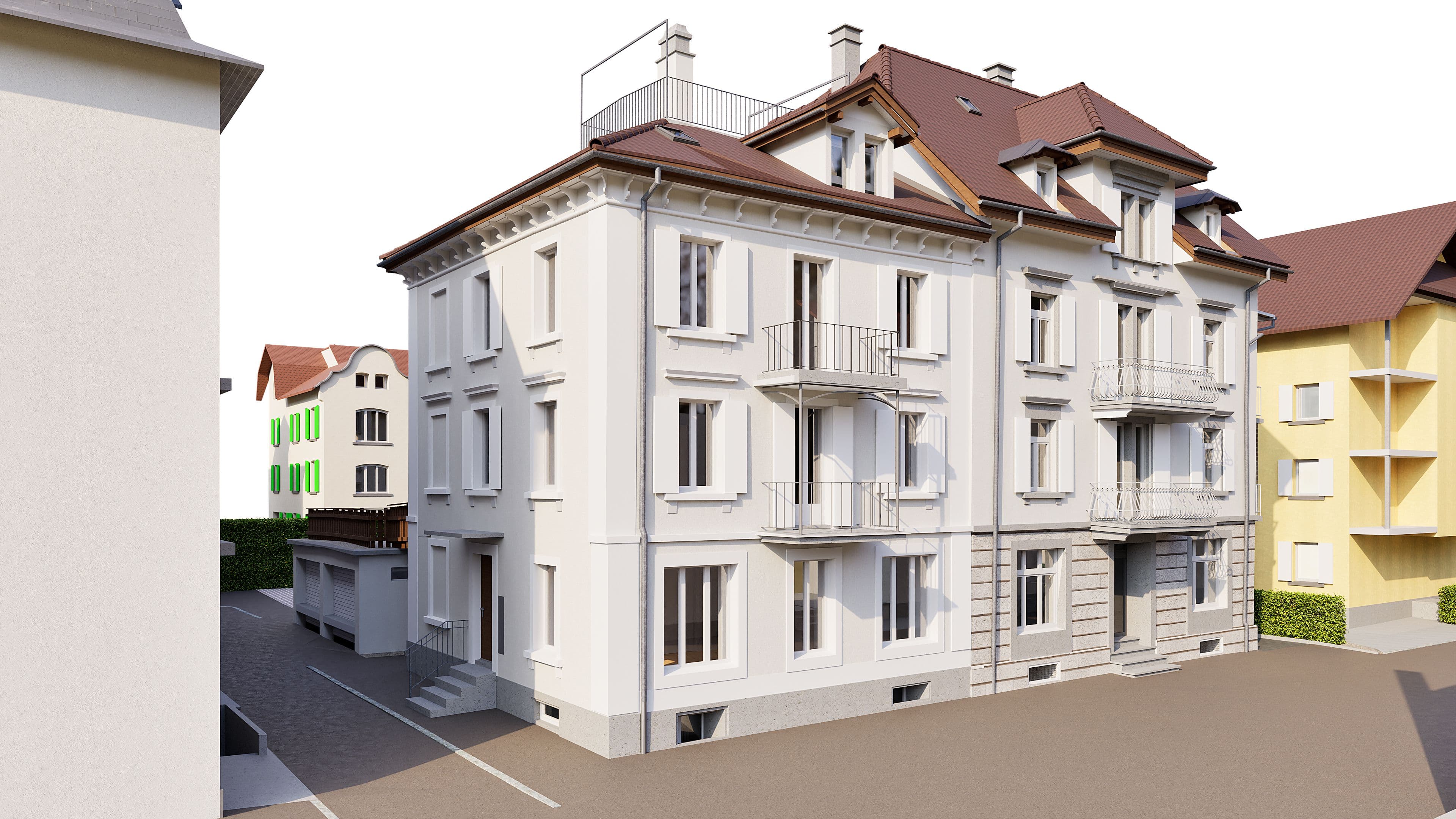 3D-Visualisierung eines sanierten Mehrfamilienhauses mit Balkonen und rotem Satteldach in Wohngebiet, helle Fassade, moderne Fenster und Innenhofansicht.