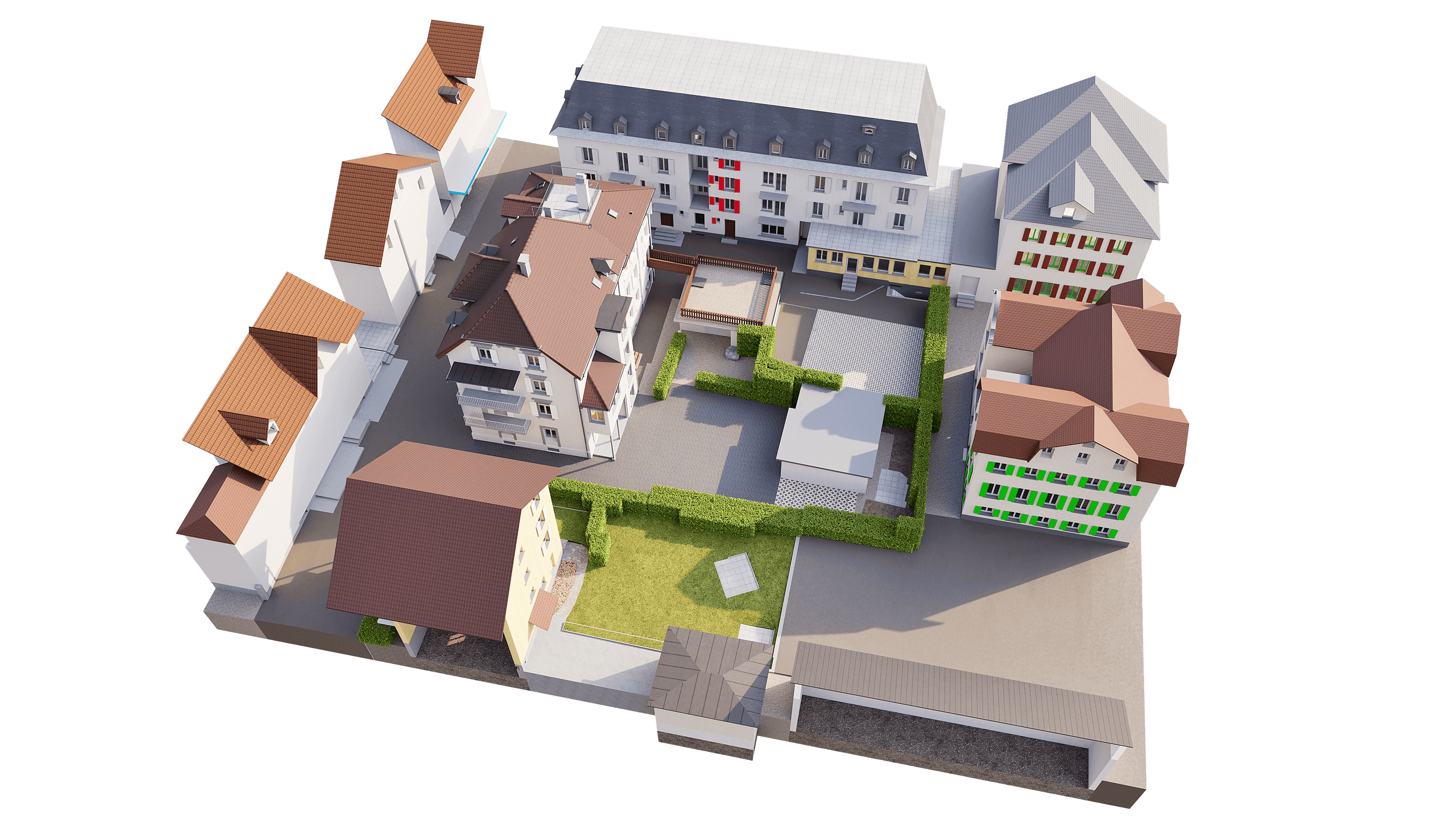 3D-Luftansicht eines Gebäudekomplexes mit mehreren Häusern, Innenhof, Grünflächen und Wegen; Architekturmodell/Rendering von Stadtquartier mit roten und grünen Fassadendetails.
