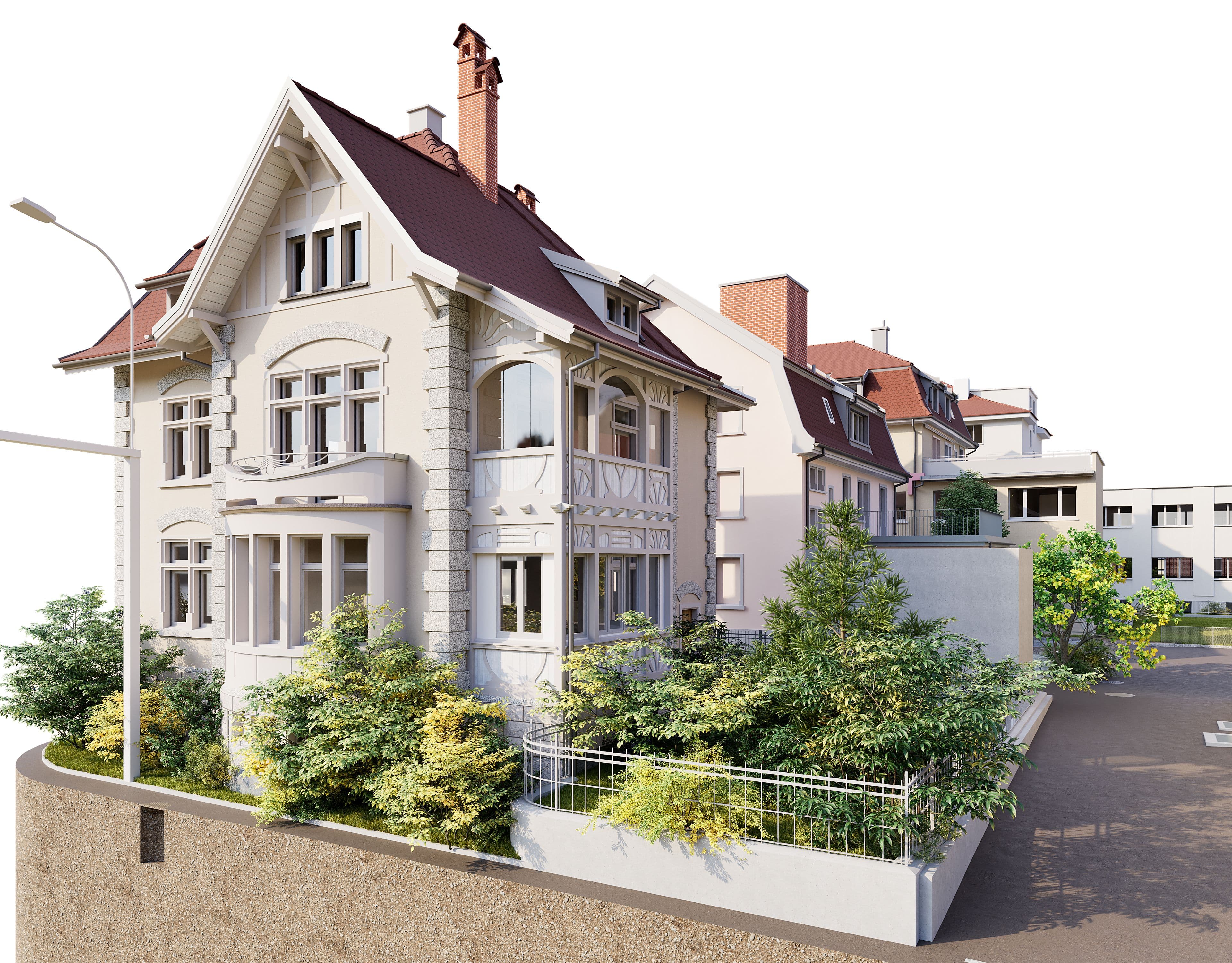 Moderne 3D-Visualisierung eines sanierten Mehrfamilienhauses mit rotem Satteldach, Balkonen und Gartenanlage in urbaner Wohnstraße, sonnige Außenansicht mit Nachbargebäuden.