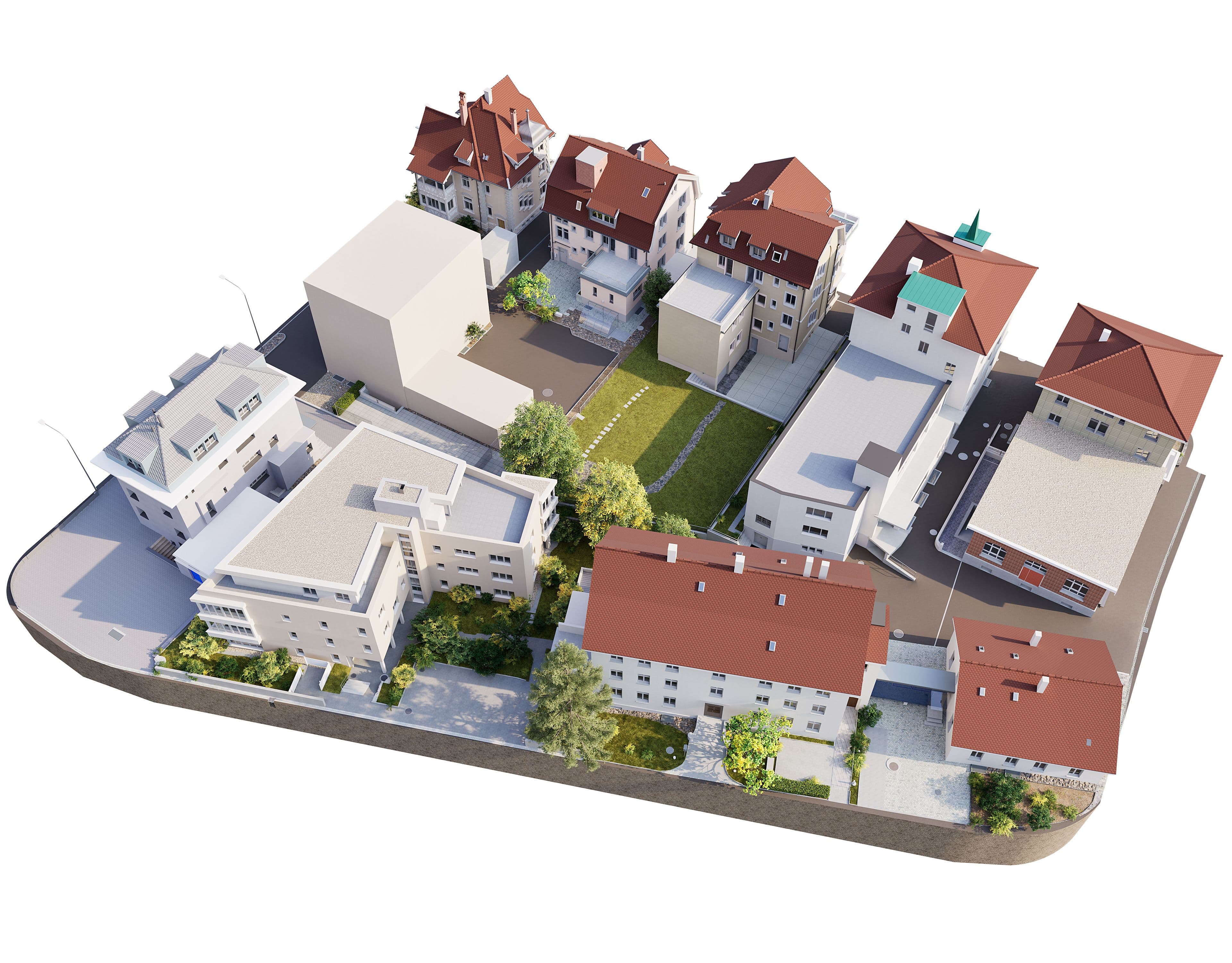 3D-Architekturvisualisierung eines Wohnquartiers mit mehreren Gebäuden, Innenhof und Grünflächen, Vogelperspektive auf modernes Neubauprojekt mit roten Dächern und weißen Fassaden.