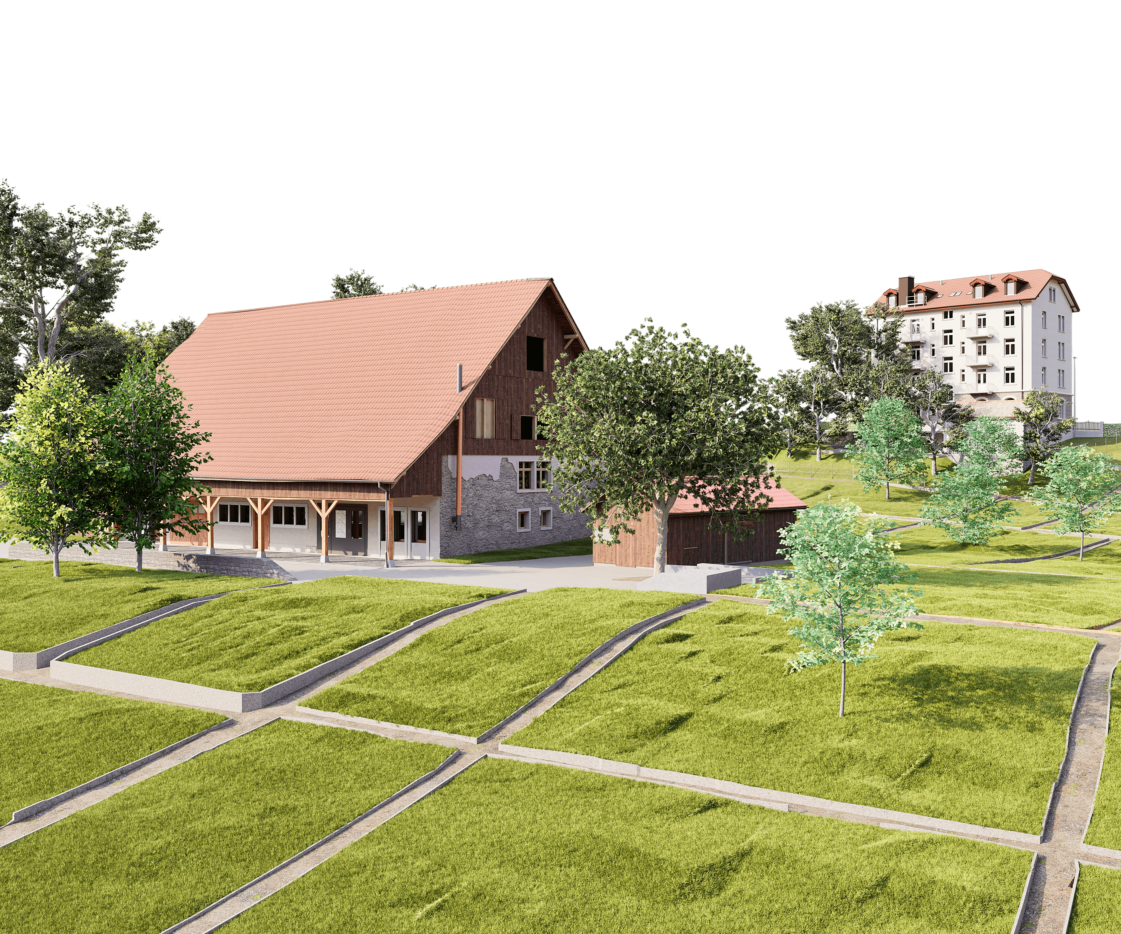 3D-Visualisierung eines großen Bauernhauses mit rotem Satteldach, Scheune und grüner Hügellandschaft mit Bäumen, Wegen und einem Wohngebäude im Hintergrund.