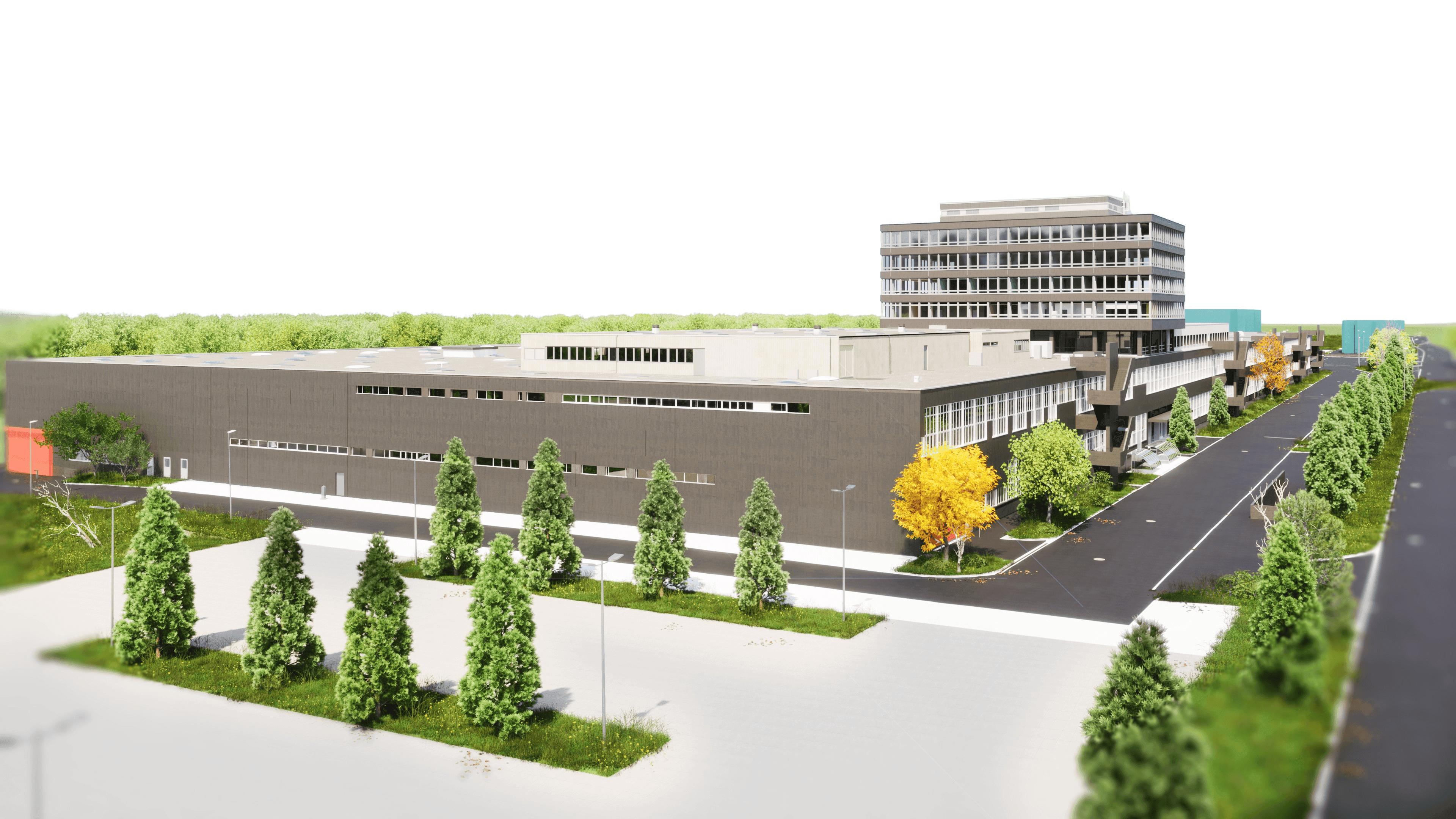 3D-Architekturvisualisierung eines modernen Industrie- und Bürokomplexes mit mehrstöckigem Gebäude, Lagerhalle, Straßenansicht und Bäumen im Vordergrund.