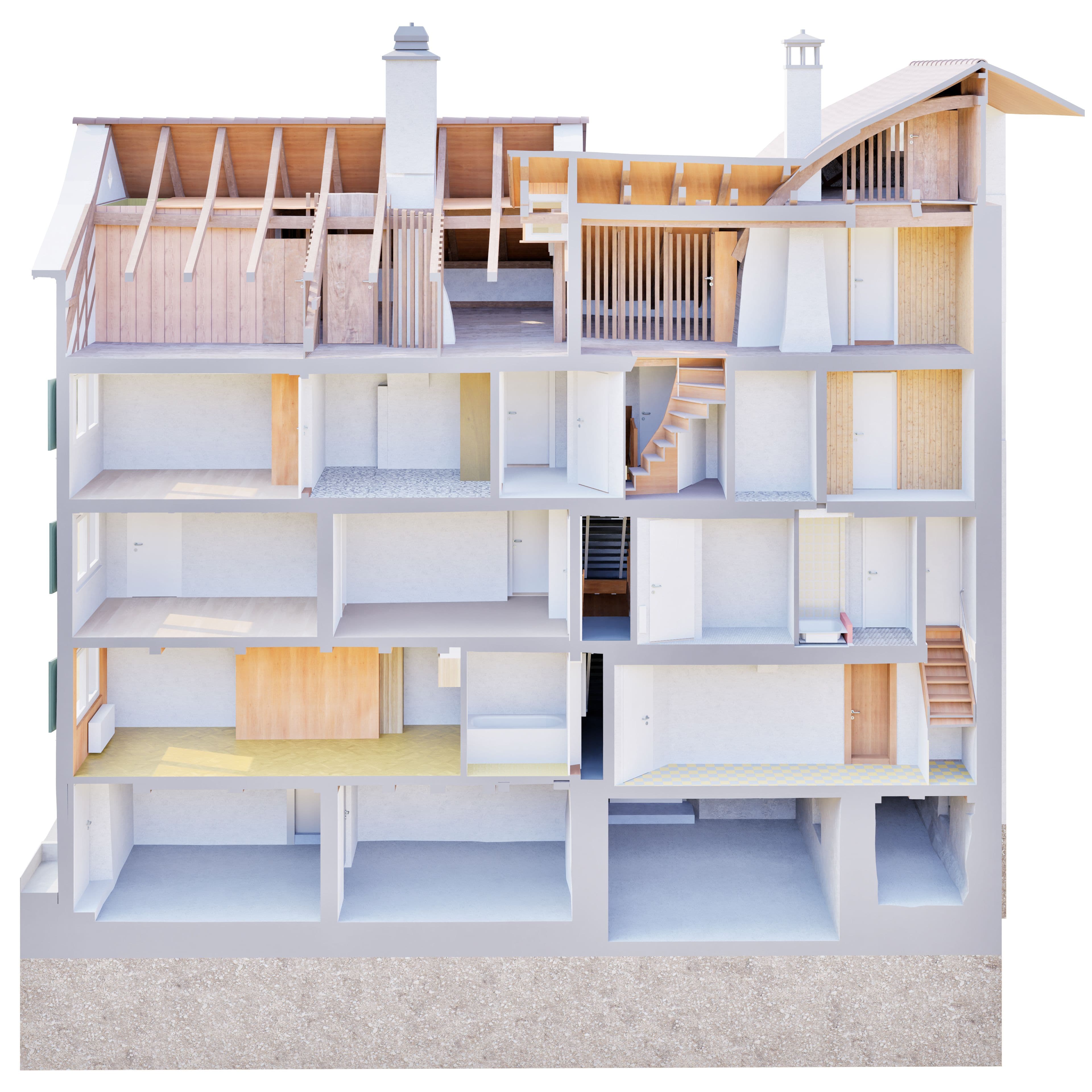 Schnittmodell eines mehrstöckigen Wohnhauses mit sichtbaren Räumen, Treppen und Dachstuhl; architektonisches Miniaturmodell zur Gebäudeplanung und Innenraumaufteilung.