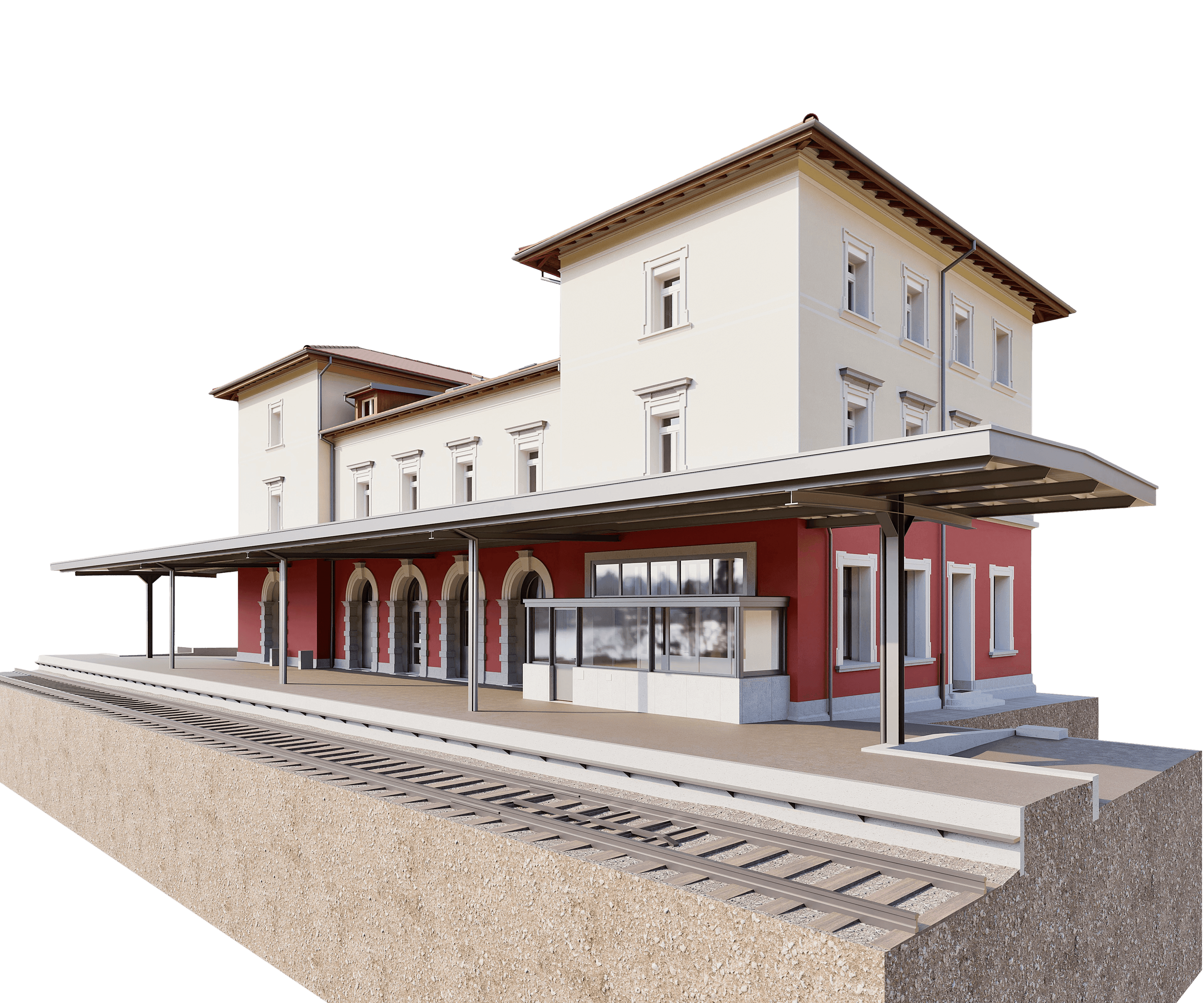 3D-Rendering eines kleinen Bahnhofsgebäudes mit Bahnsteigüberdachung, roten und cremefarbenen Fassaden, Fenstern und Eingang, Gleise im Vordergrund, isoliert freigestellt.