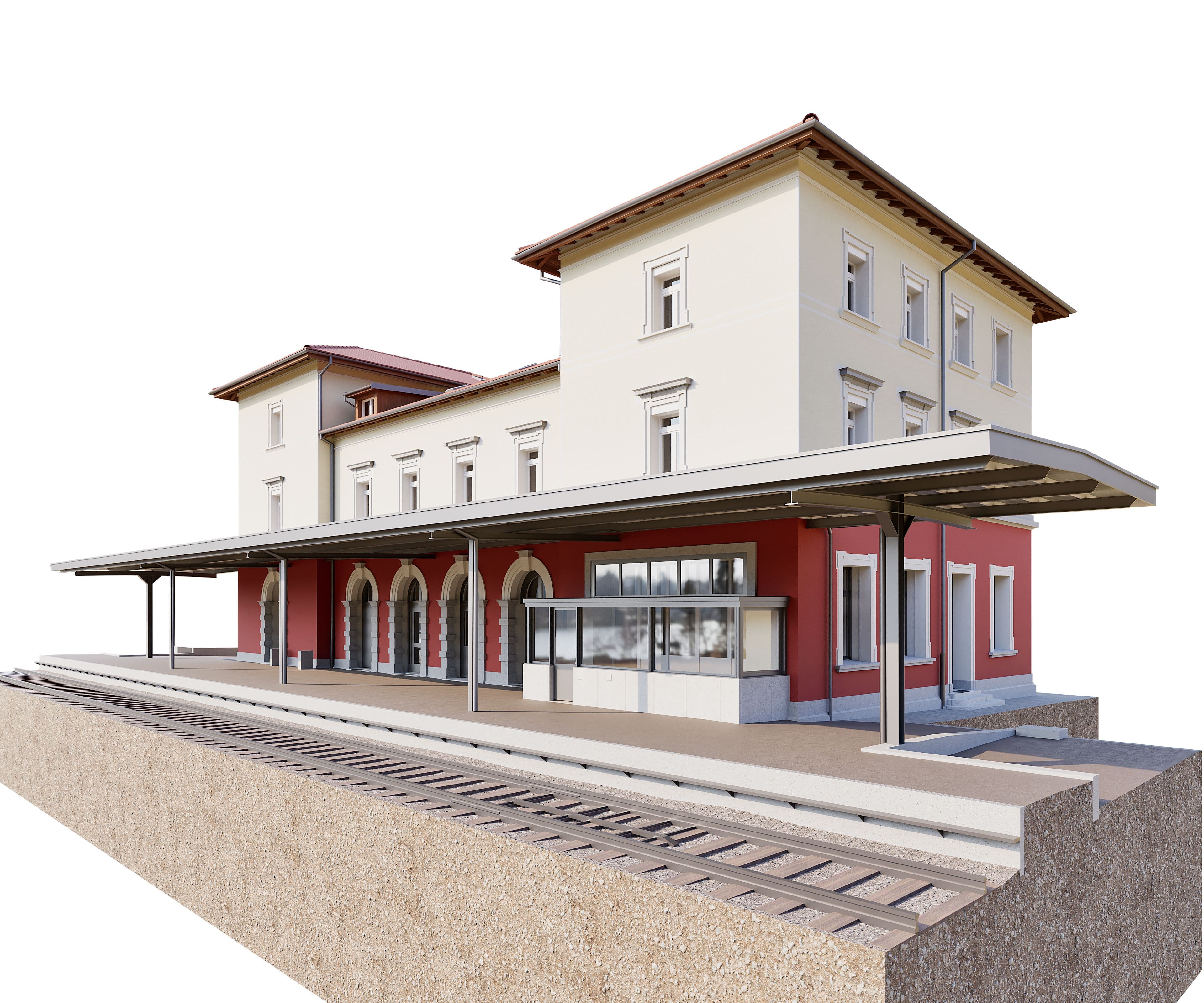 3D-Rendering eines historischen Bahnhofsgebäudes mit überdachtem Bahnsteig, Gleisen und Empfangsbereich, weiß-rote Fassade und Fensterreihen – Architekturvisualisierung für Modellbau und Bahnstation-Design.