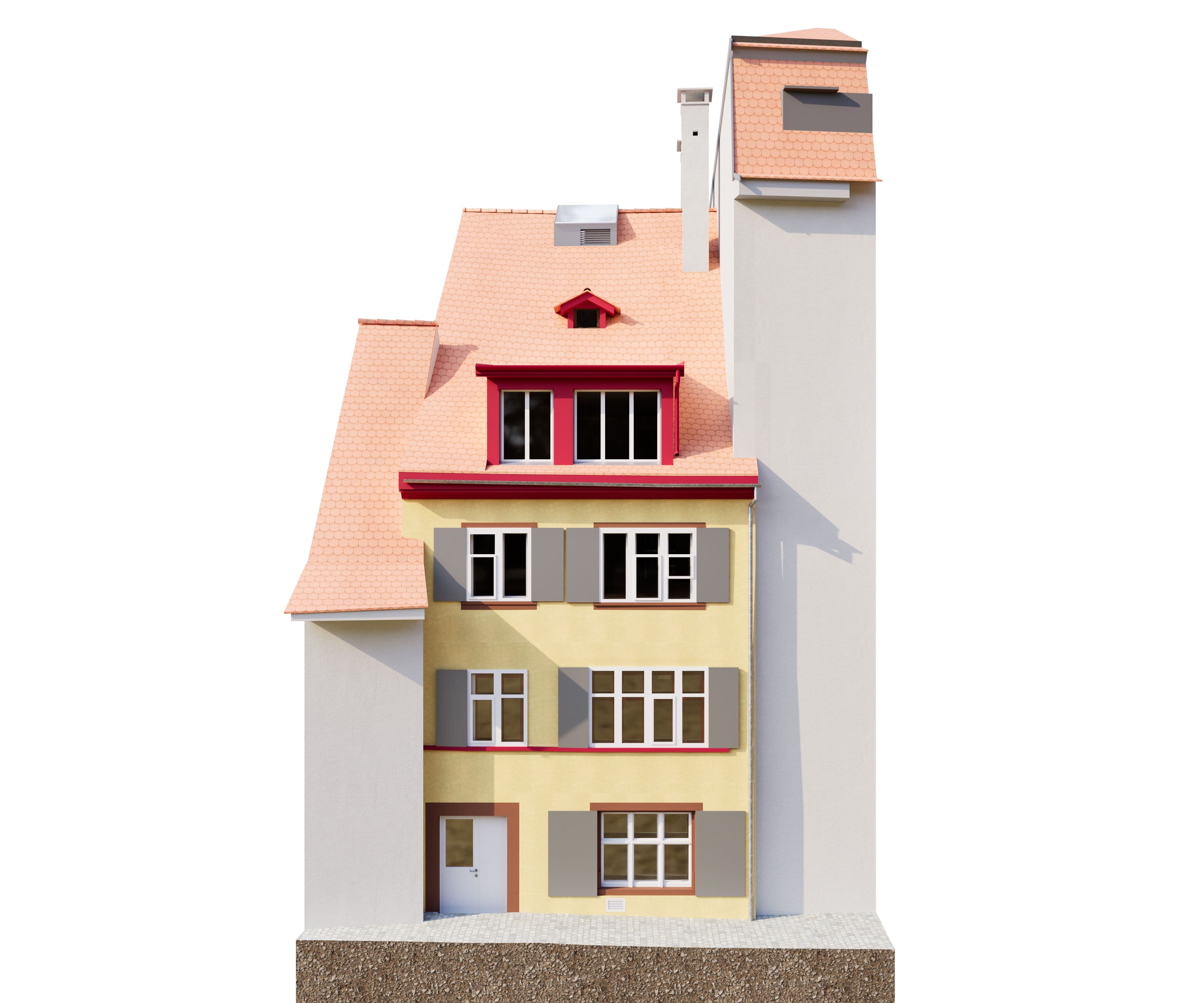 Frontansicht eines Miniatur-Hausmodells mit rotem Ziegeldach, mehreren Fenstern, Balkon und hohem seitlichem Schornstein auf weißem Hintergrund.