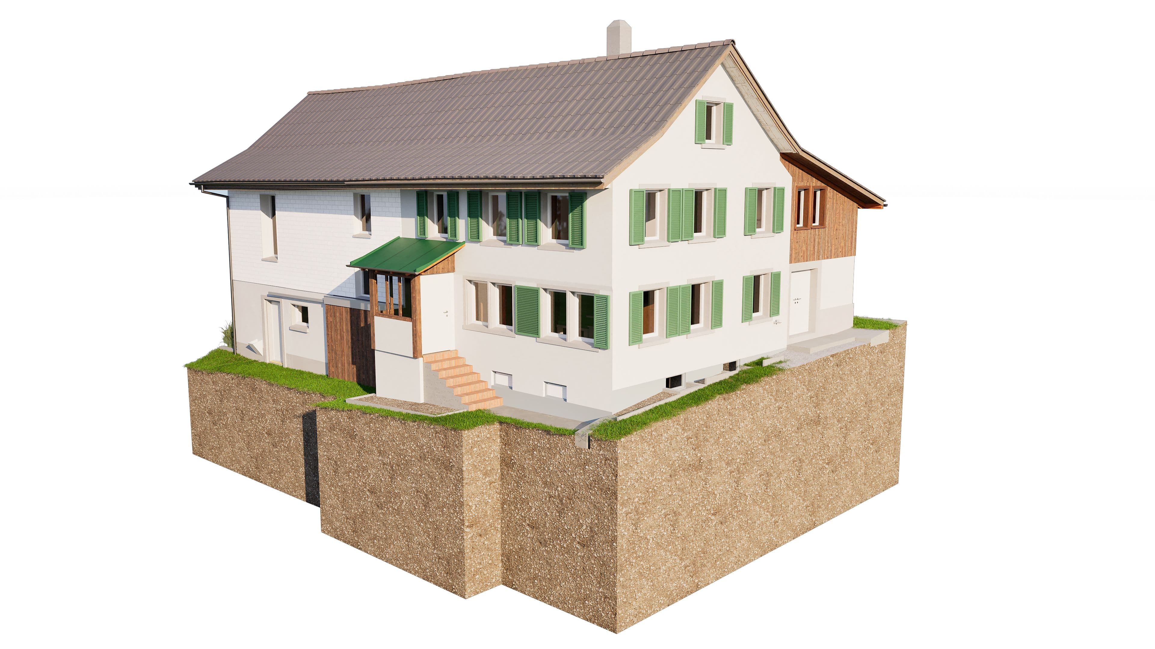 3D-Modell eines Einfamilienhauses mit Erdwärmeanlage.