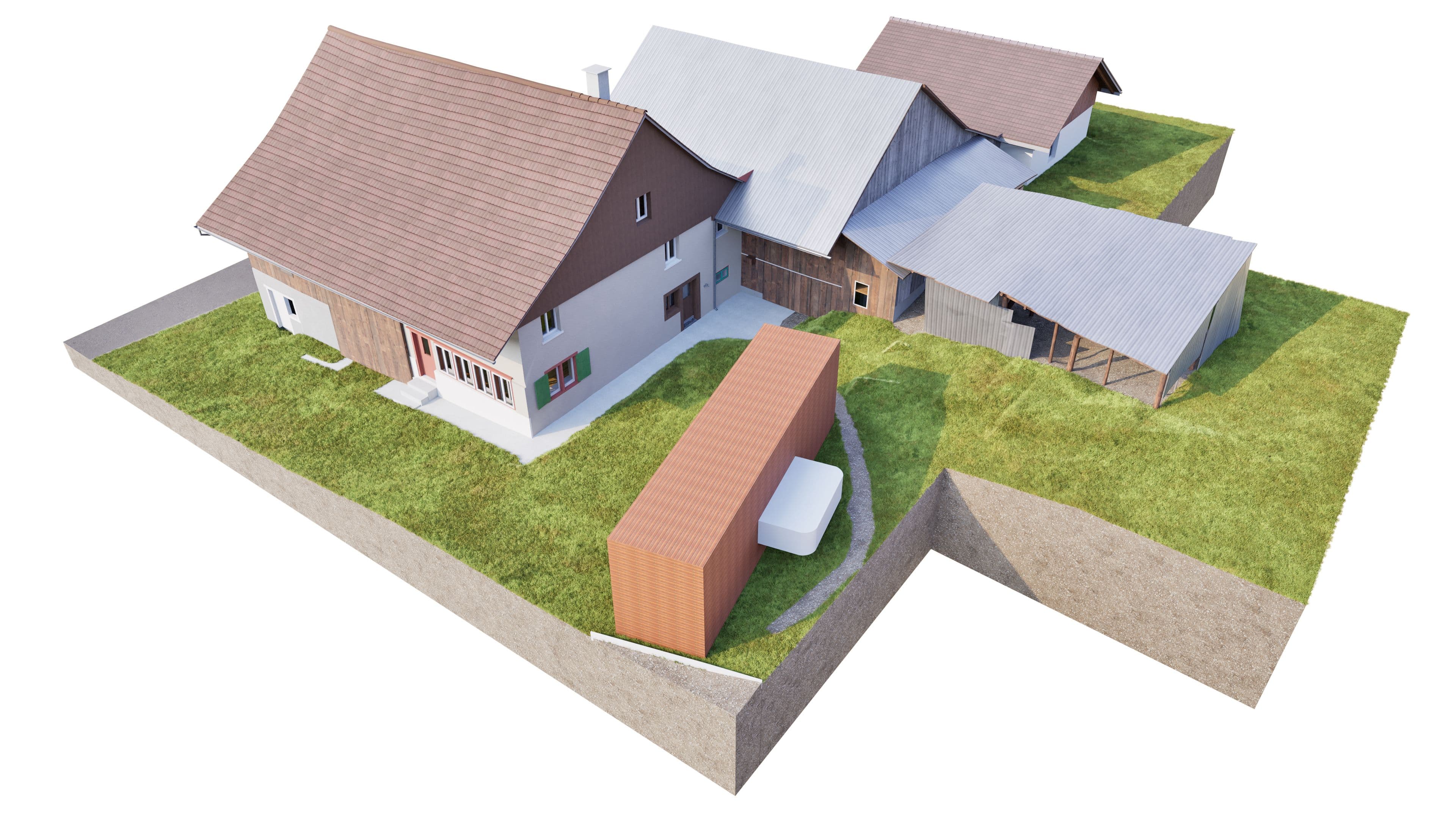3D-Architekturvisualisierung eines Bauernhofs mit Wohnhaus, Scheunen und Nebengebäuden auf Grünfläche, isometrische Ansicht einer Hofanlage mit Satteldächern und modernem Containeranbau.