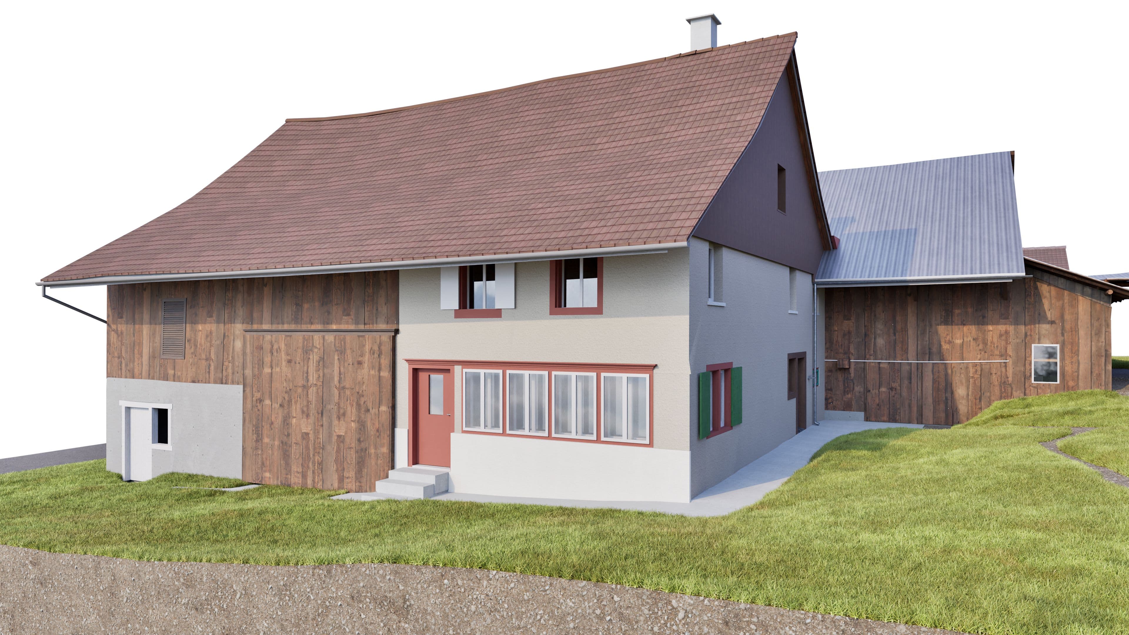 3D-Visualisierung eines ländlichen Wohnhauses mit Holzfassade, rotem Satteldach und angebauter Scheune auf grüner Wiese, Frontansicht mit Fenstern und Eingangstür.