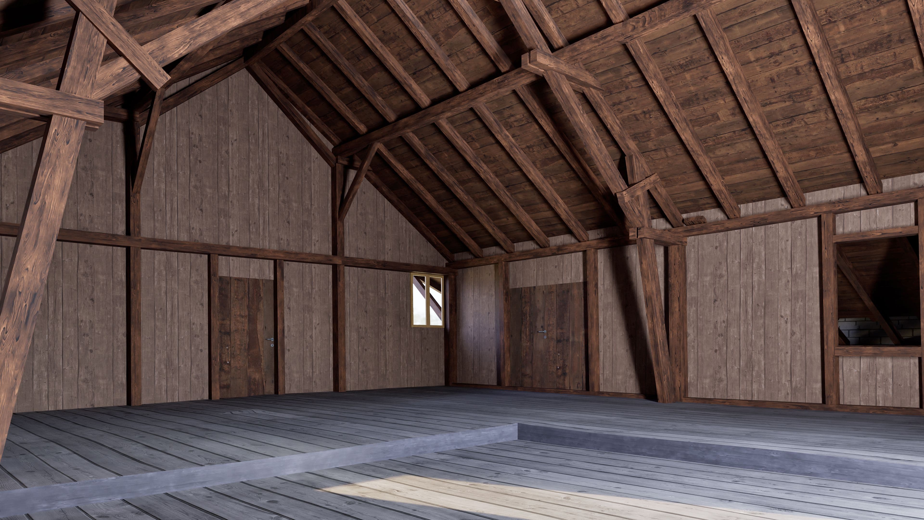 Leerer Dachboden aus Holz mit sichtbaren Balken, Holzboden und mehreren Türen, kleines Fenster und offene Nische, rustikaler Innenraum einer Scheune oder Lagerhalle.