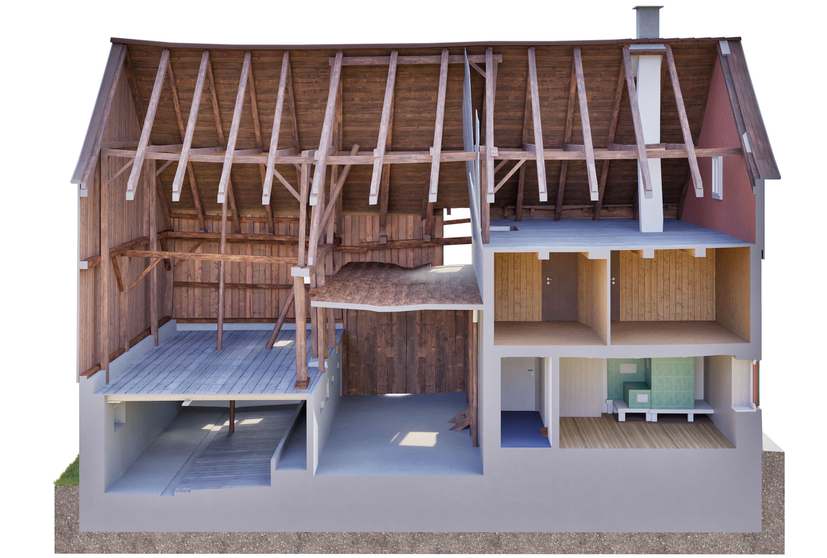 3D-Schnittansicht eines Hauses mit Dachstuhl, Holzbalken und Innenräumen; Querschnitt zeigt mehrere Etagen, Zimmer, Garage und Fundament in architektonischer Visualisierung.
