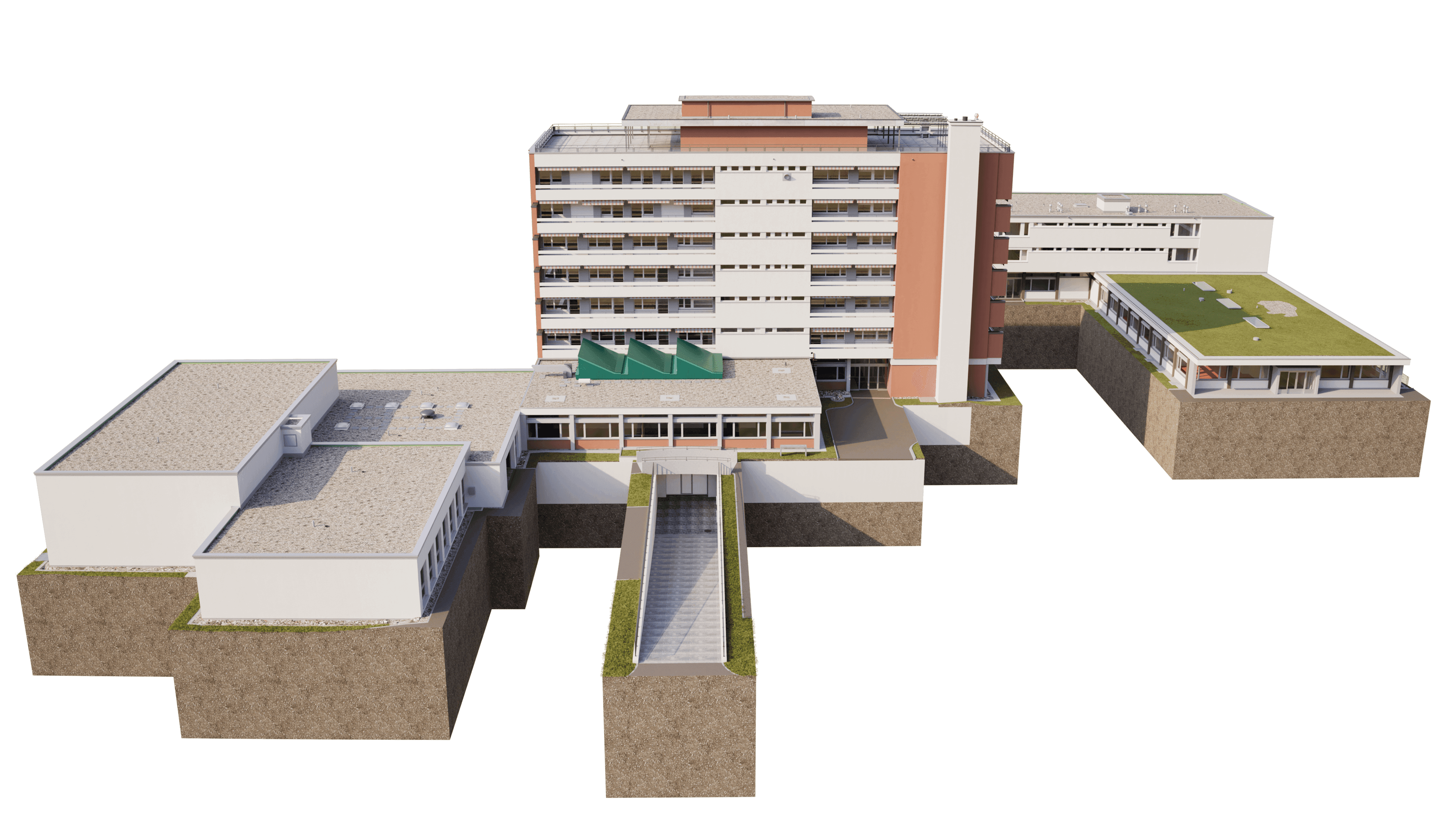 3D-Architekturvisualisierung eines modernen Gebäudekomplexes mit mehrstöckigem Hauptbau, Flügelgebäuden, Rampen und begrünten Dachflächen, freigestellt vor neutralem Hintergrund.