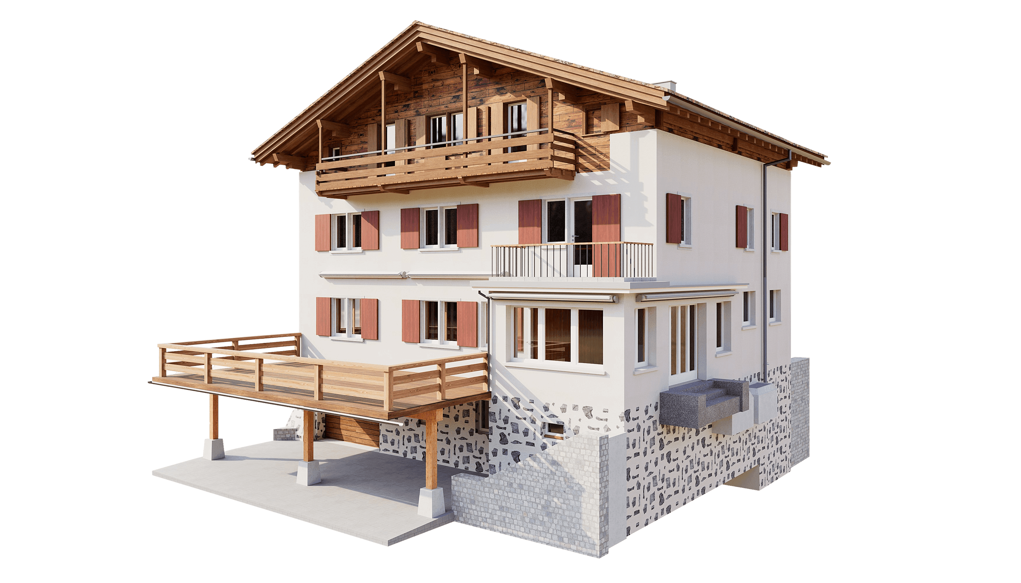 3D-Visualisierung eines alpinen Chalet-Hauses mit Holzbalkon, Satteldach, weißer Fassade und Naturstein-Sockel, freigestellt vor neutralem Hintergrund.