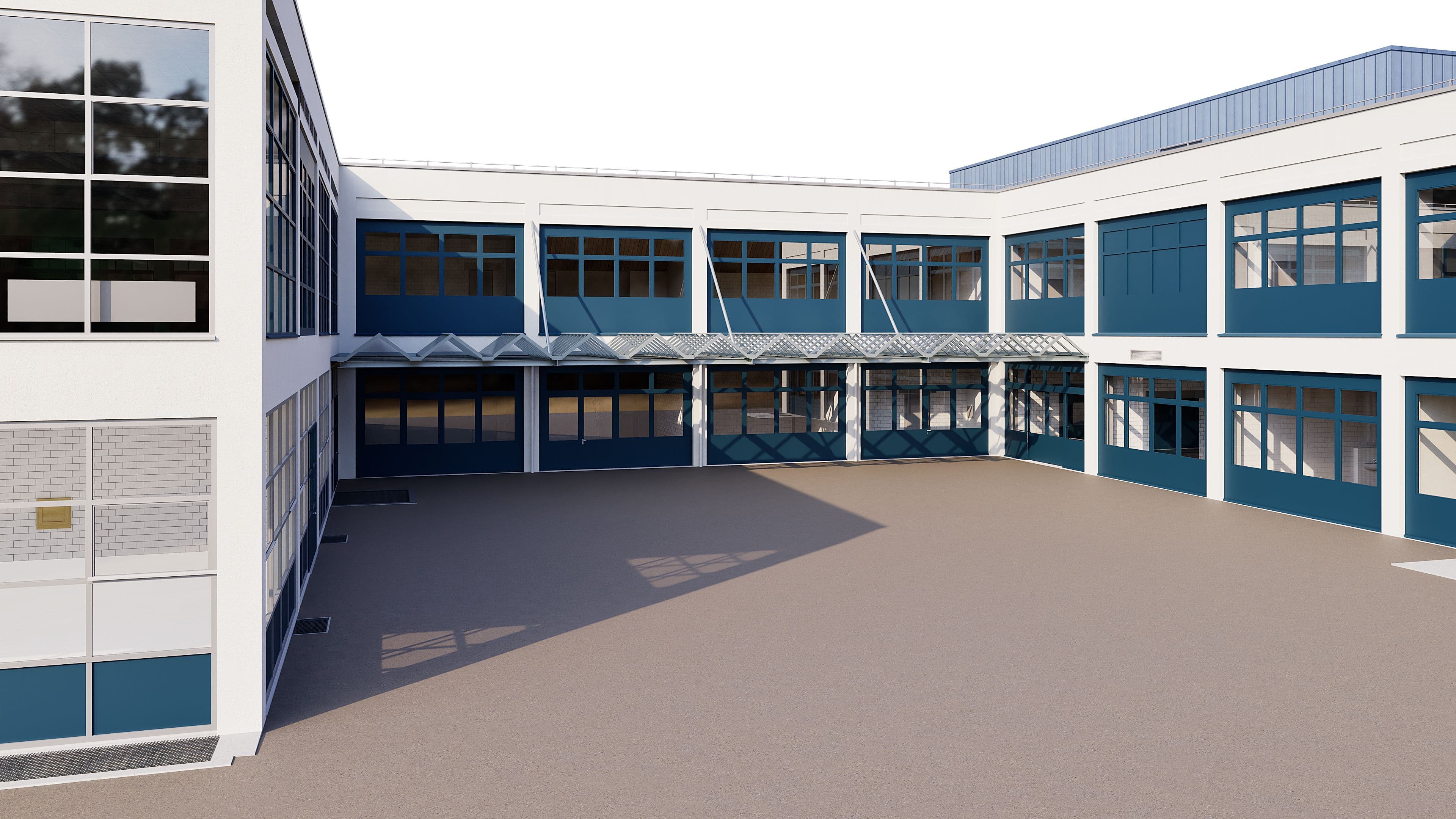 3D-Visualisierung eines modernen Schulhofs mit mehrstöckigem Gebäude, großen Fenstern, weiß-blauer Fassade und überdachtem Eingangsbereich in Innenhofperspektive.