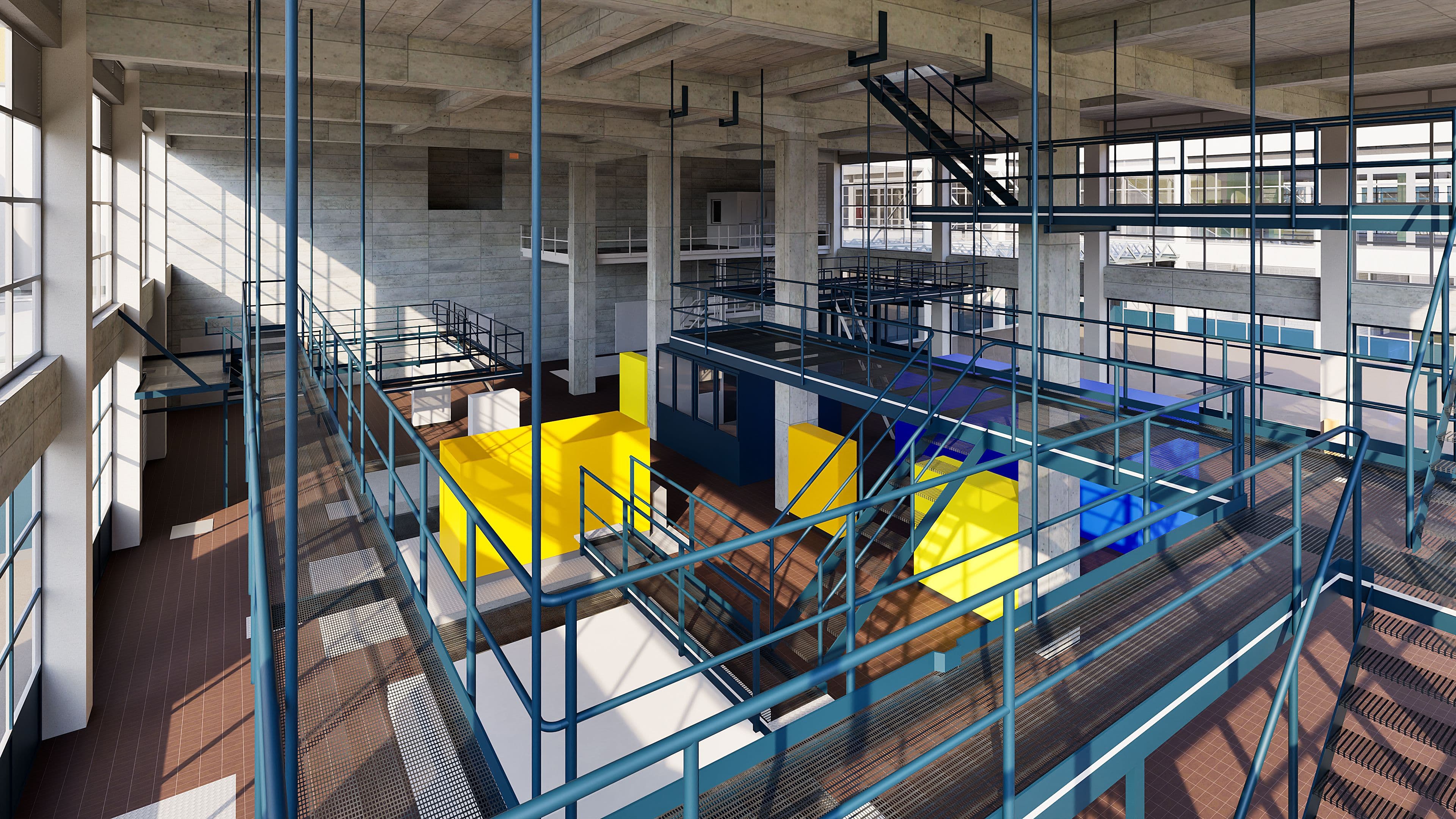 Moderne Industriehalle mit Stahlstegen, Treppen und Gerüsten; innen farbige Module in Gelb und Blau, viel Tageslicht durch große Fenster – Architektur-Visualisierung eines offenen Loft-Showrooms.