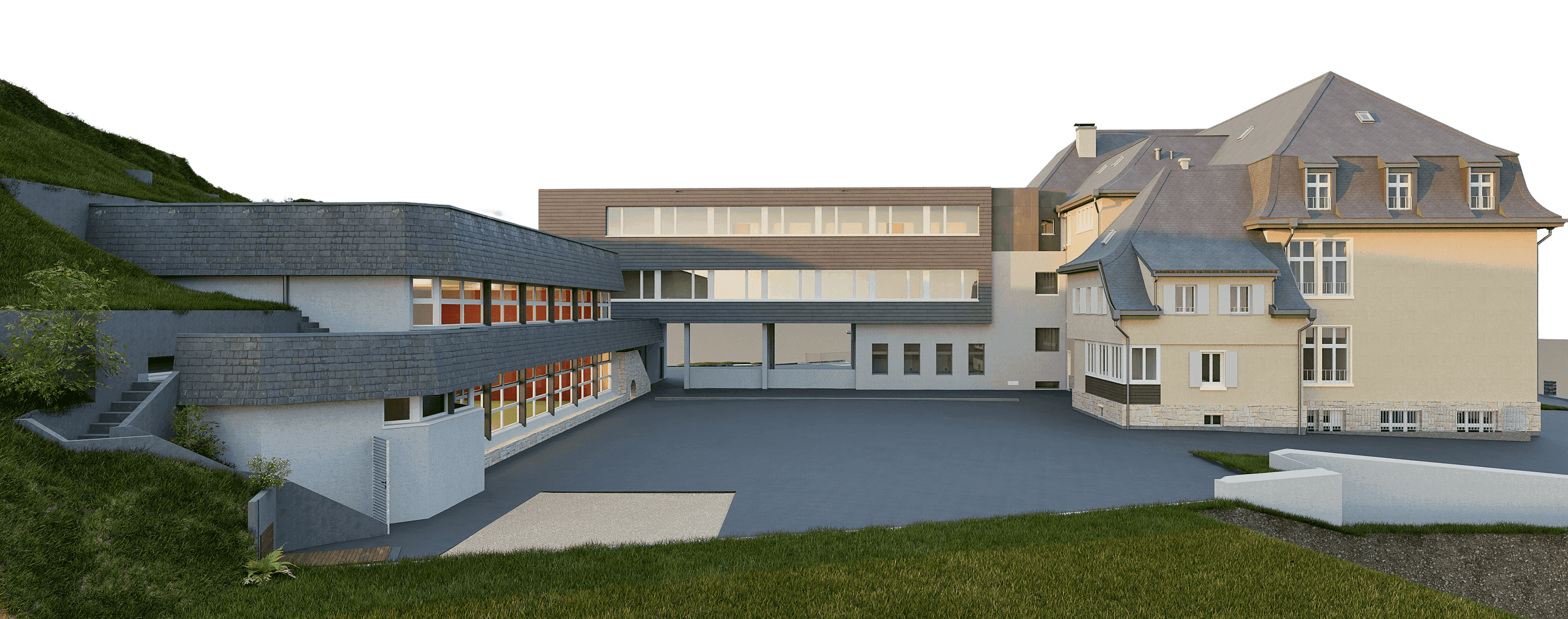 3D-Architekturvisualisierung eines Schul- oder Campusgebäudes mit Innenhof: moderner Flachbau mit Brücke verbindet Neubau mit historischem Hauptgebäude, umgeben von Grünhang und Wegen.