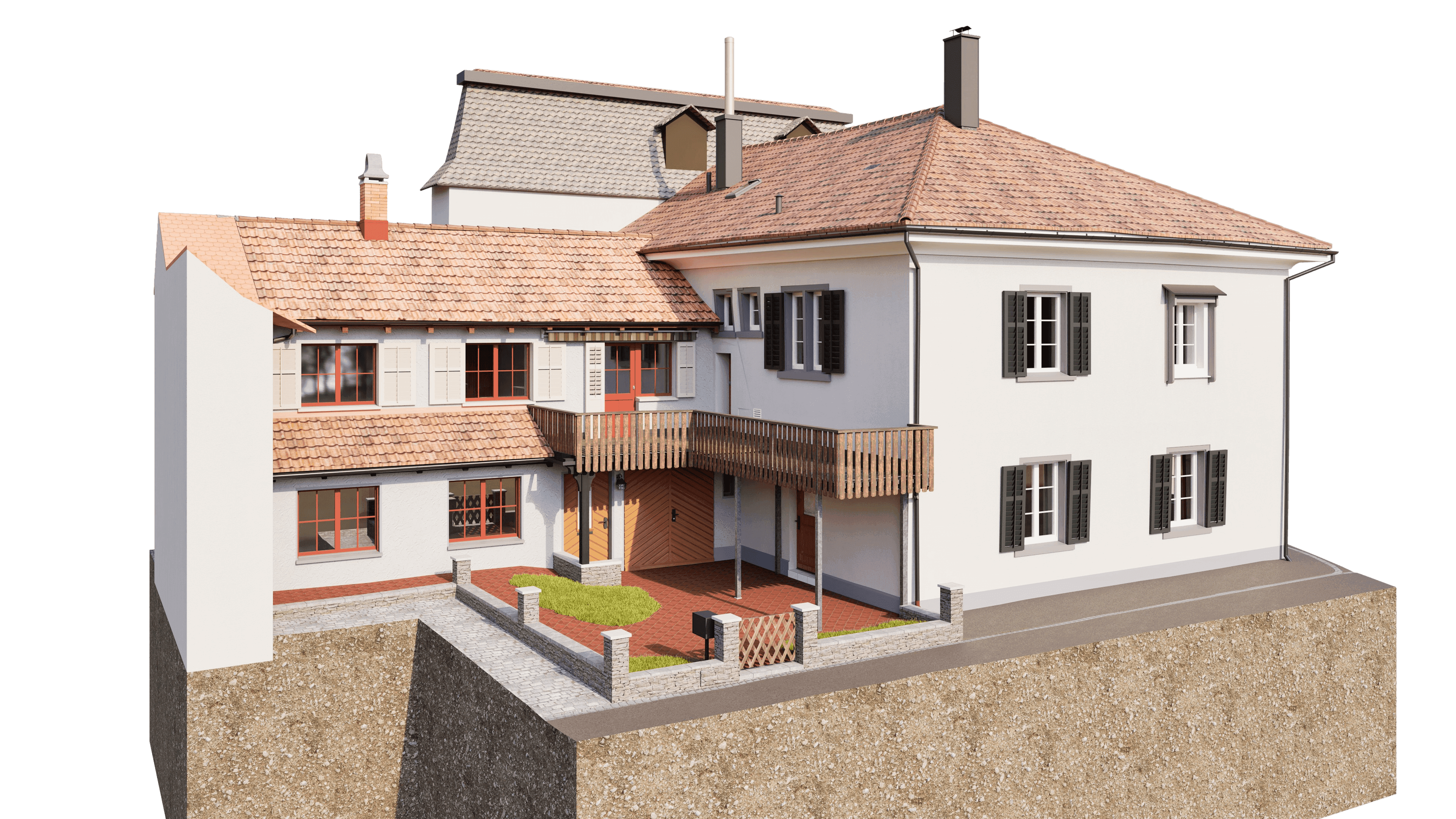 3D-Rendering eines großen Einfamilienhauses mit Ziegeldach, Balkon und Terrasse, weißer Fassade und schwarzen Fensterläden, aufgeschnittene Grundstücksdarstellung mit Fundamentansicht.