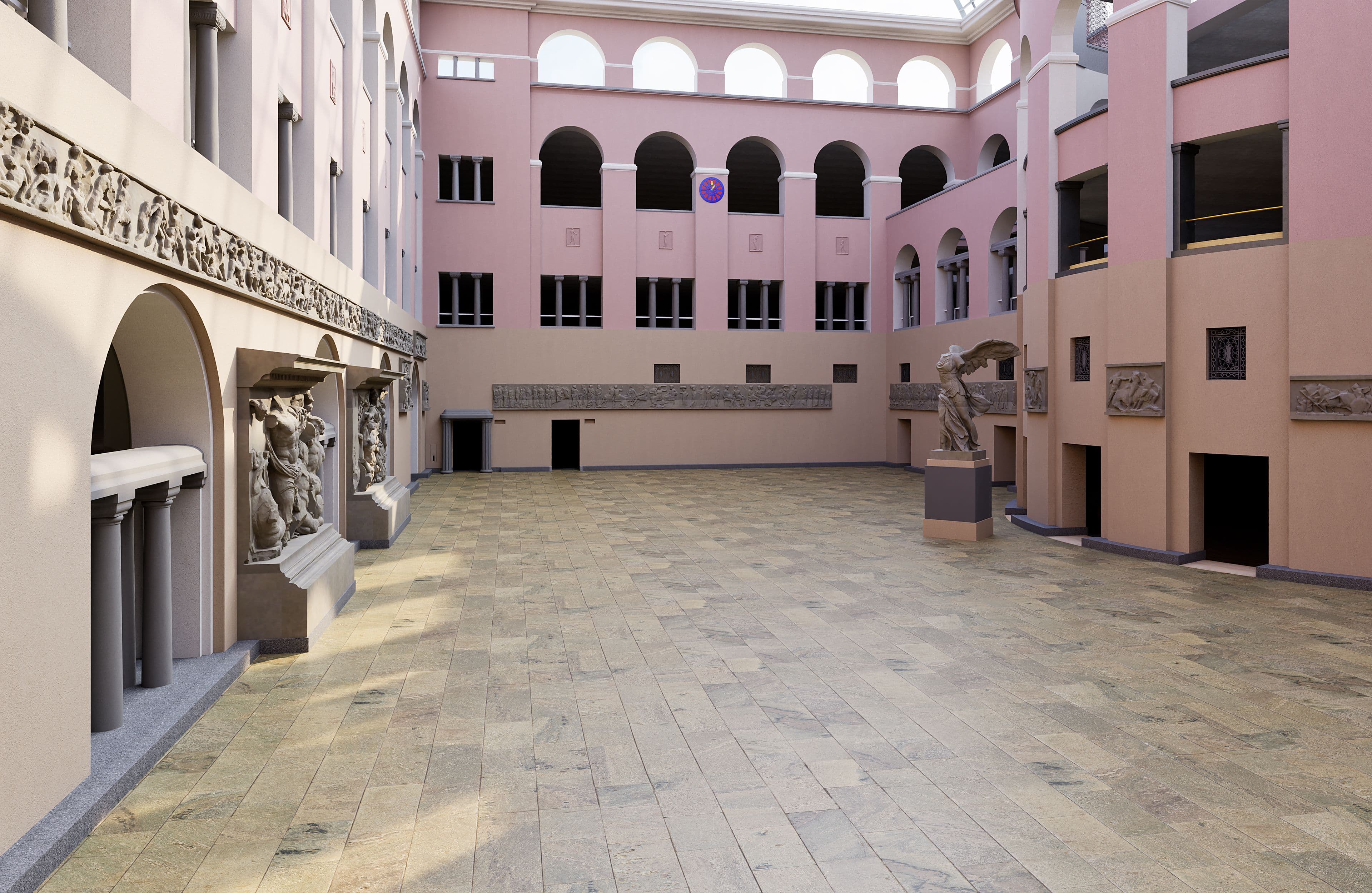 Innenhof eines Museums mit rosafarbenen Arkaden, Steinboden und Skulpturenreliefs an den Wänden, Blick in einen ruhigen, lichtdurchfluteten Renaissancehof.