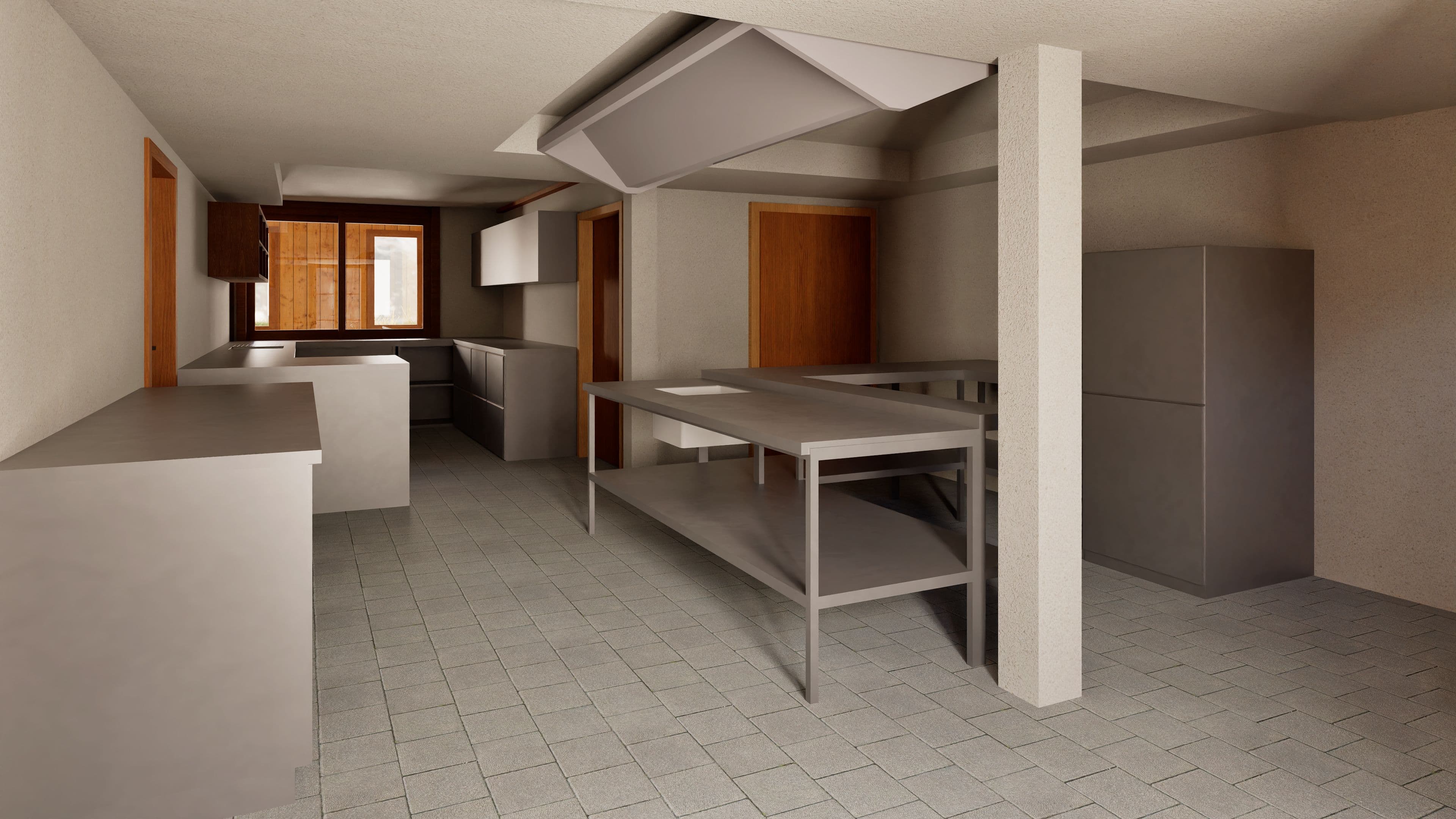 3D-Visualisierung einer Großküche: Edelstahltische, Arbeitsflächen, Dunstabzugshaube, Fliesenboden, Säule und Stahlschrank in leerem Küchenraum mit Fenster und Holz­türen.
