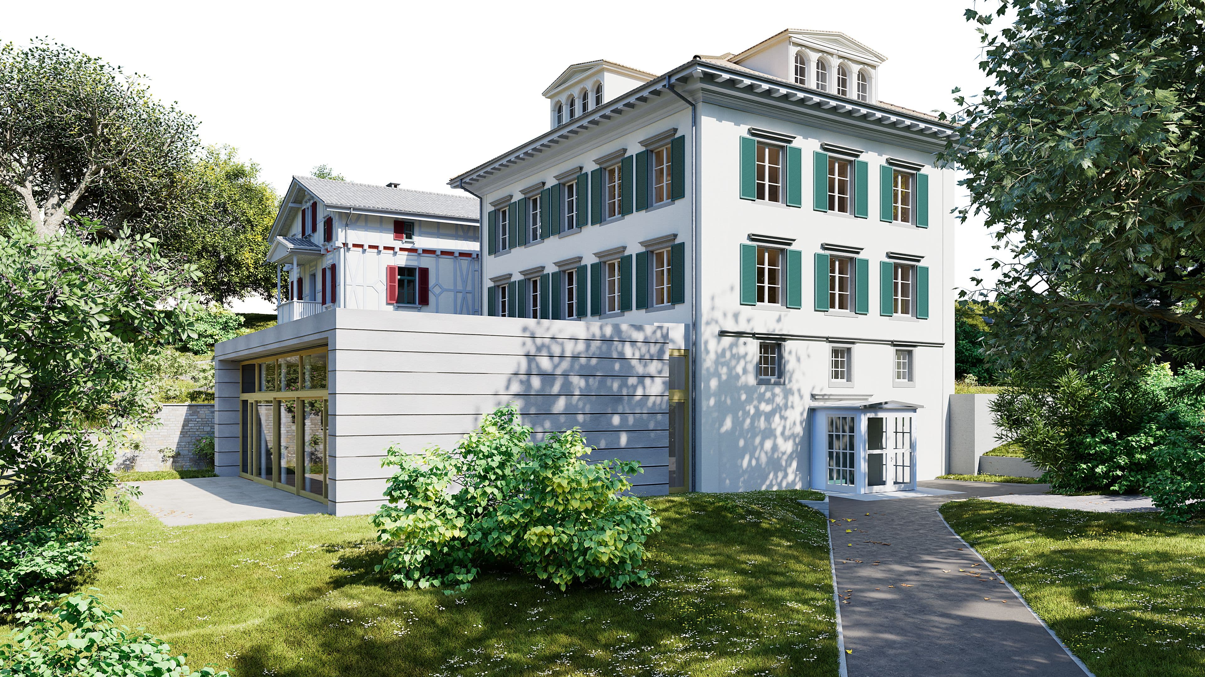 3D-Visualisierung einer modernen Villa mit Anbau, großen Fenstern und grünen Fensterläden, umgeben von Garten und Bäumen, mit Gehweg zum Eingang bei Sonnenschein.