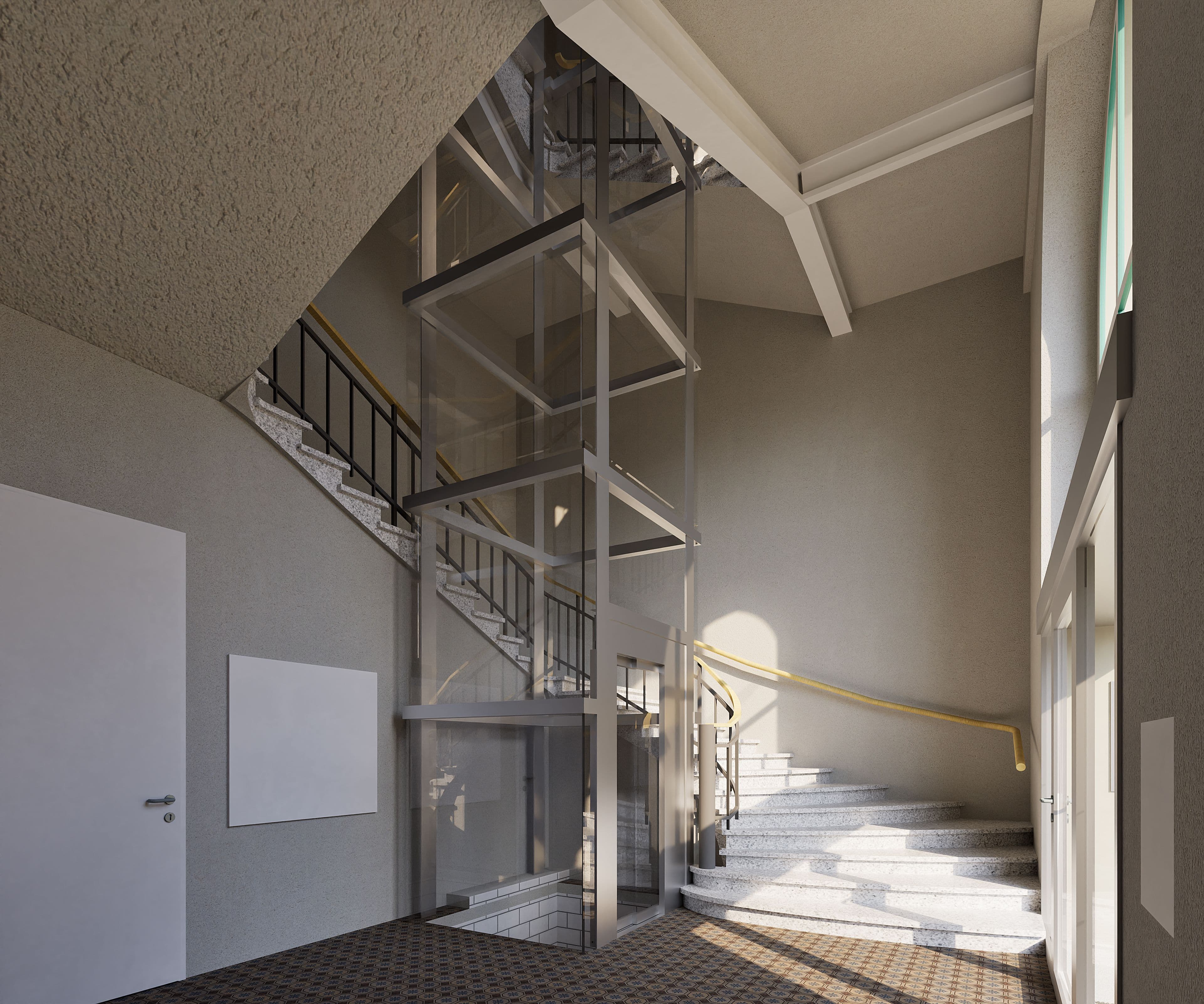 Helles Treppenhaus mit gläsernem Aufzugschacht, weißen Wänden und geschwungener Steintreppe; Sonnenlicht fällt durch große Fenster und wirft Schatten auf den Boden.