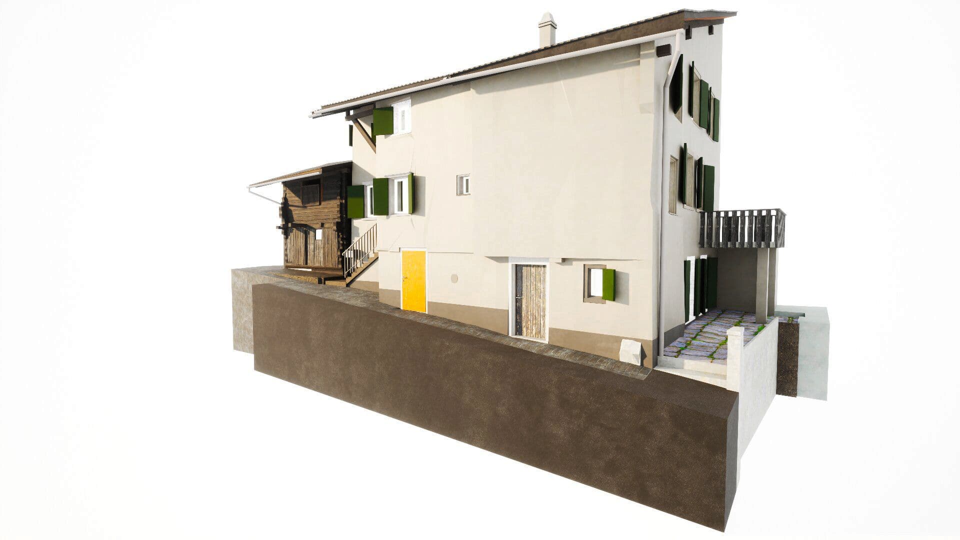 Zweistöckiges weißes Gebäude mit grünem Fensterladen, Holztreppe und Terrasse. Moderne Architektur, seitliche Ansicht.