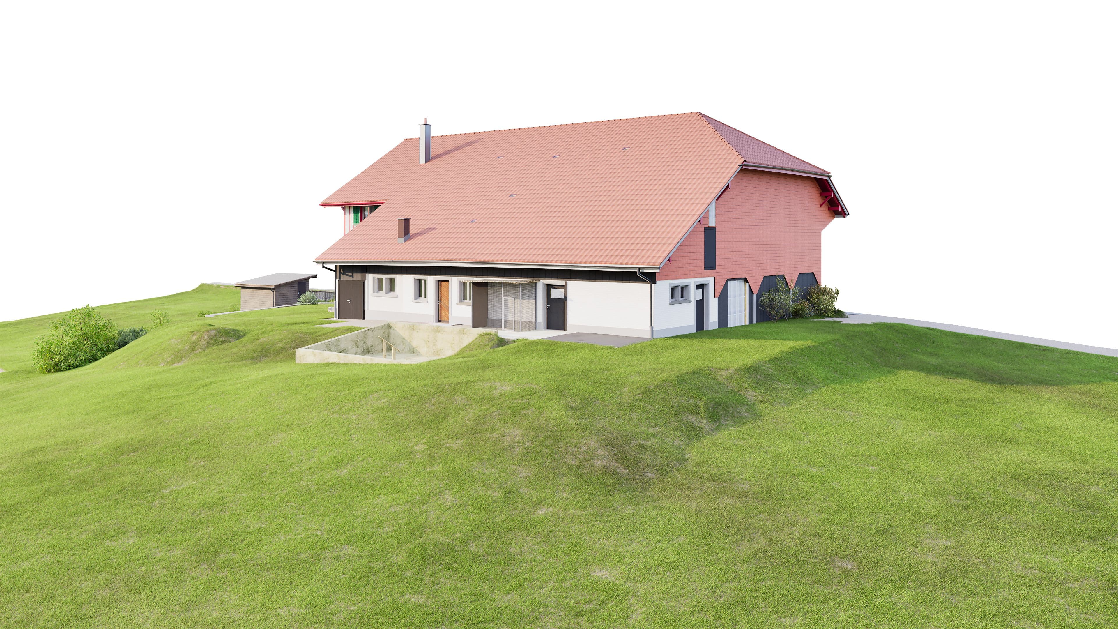 Einfamilienhaus auf grüner Wiese, mit rotem Dach und moderner Architektur.