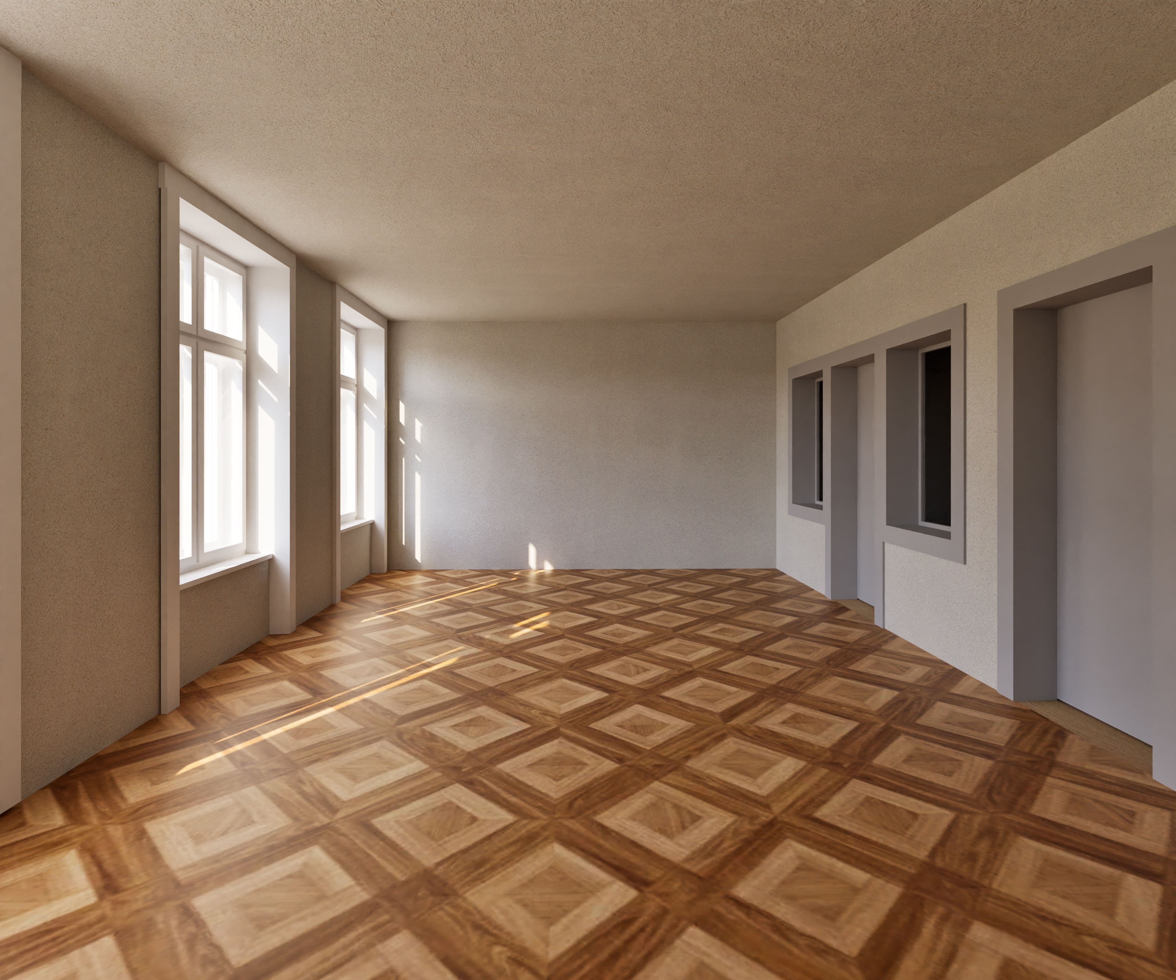 Leerer, heller Raum mit großen Fenstern, Sonnenlicht und Parkettboden im geometrischen Muster; weiße Wände, mehrere Türöffnungen und Innenfenster – moderne, minimalistische Innenraumansicht.