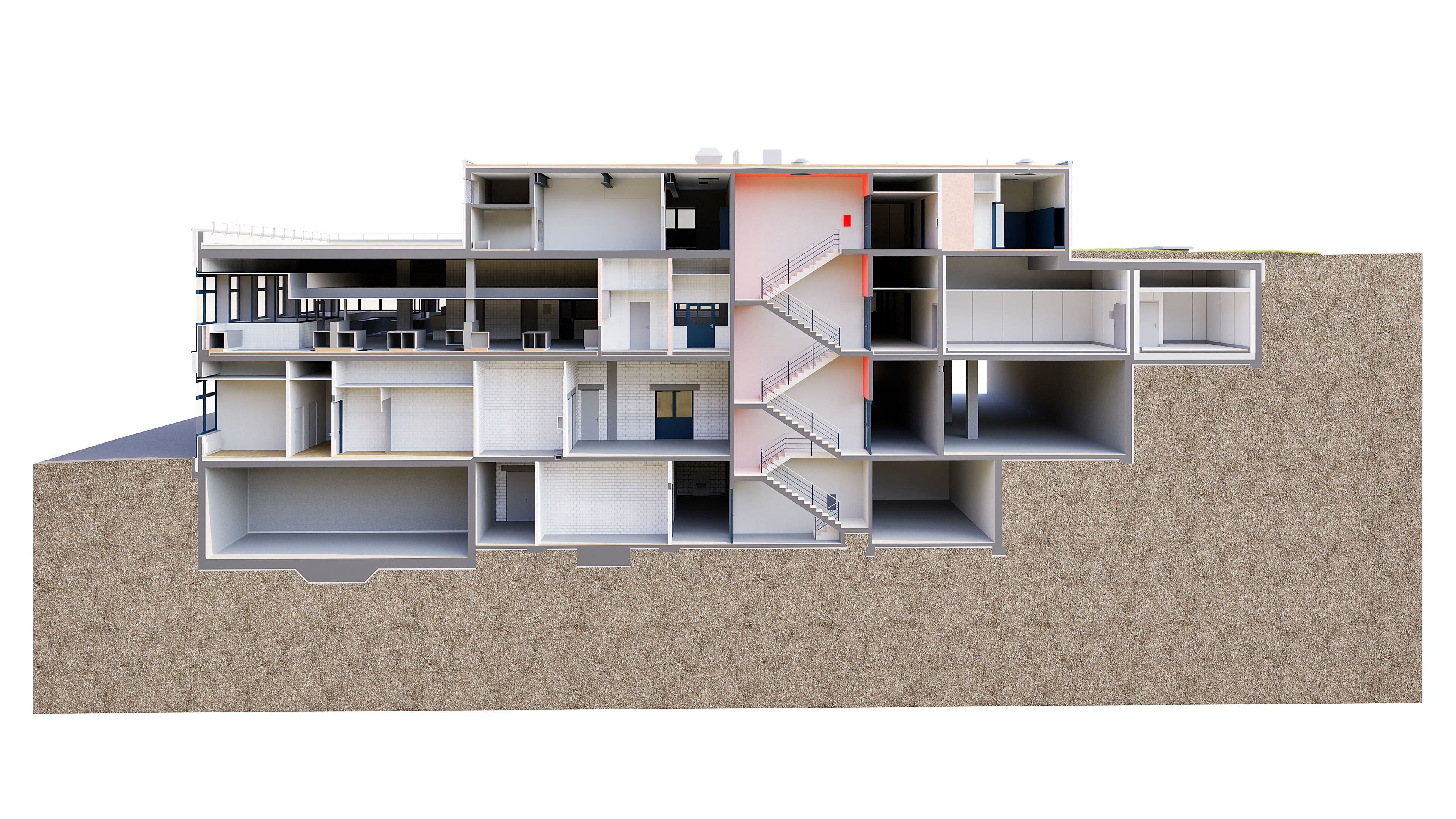 3D-Schnittansicht eines mehrstöckigen Gebäudes mit Treppenhaus, Räumen und Decken im Querschnitt – Architekturvisualisierung und Bauplanung mit rot markiertem Bereich.