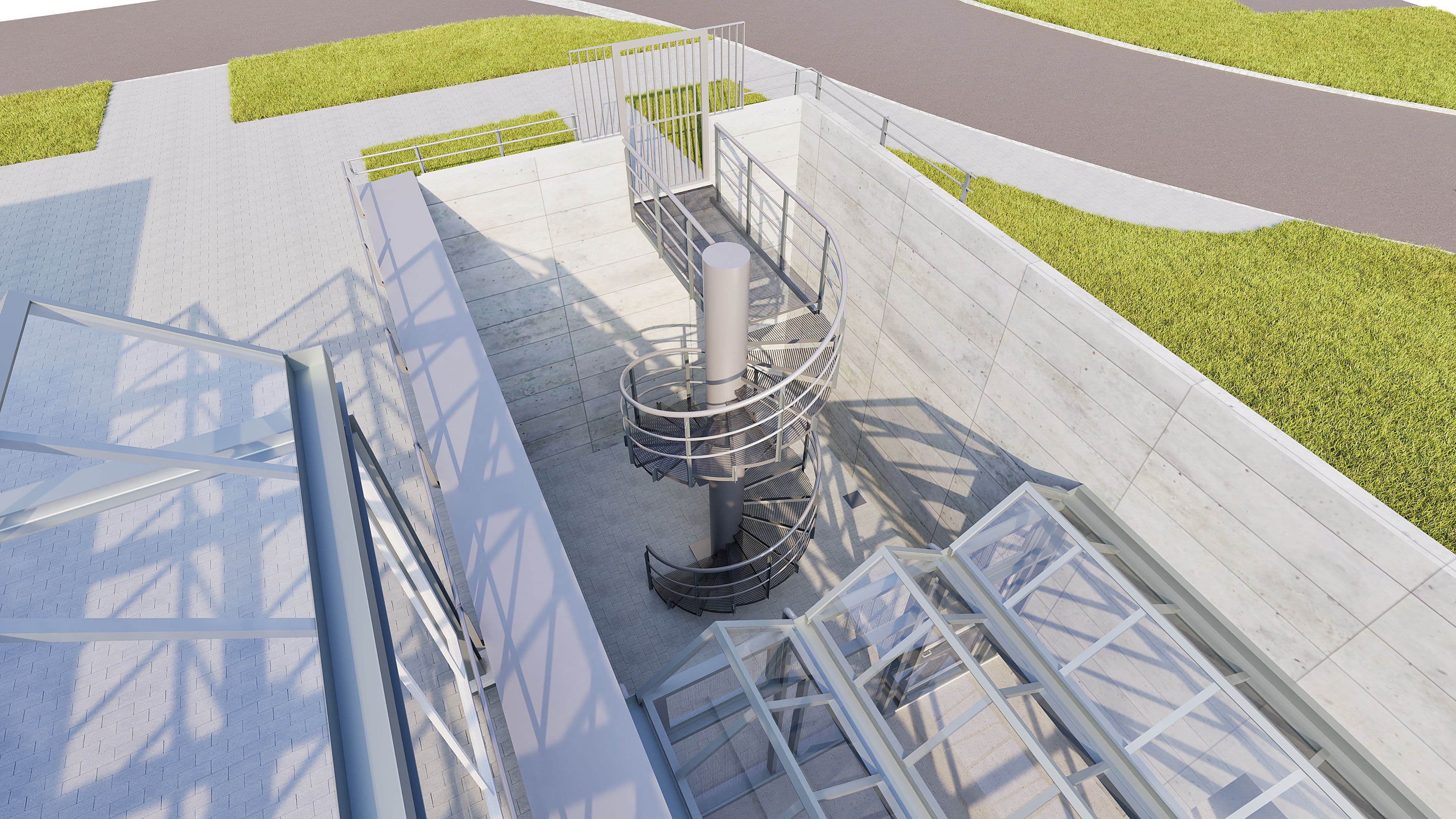 3D-Visualisierung eines modernen Beton-Lichtschachts mit Spiraltreppe, Metallgeländern und Glasdach; Blick von oben in einen architektonischen Treppenabgang im Außenbereich.