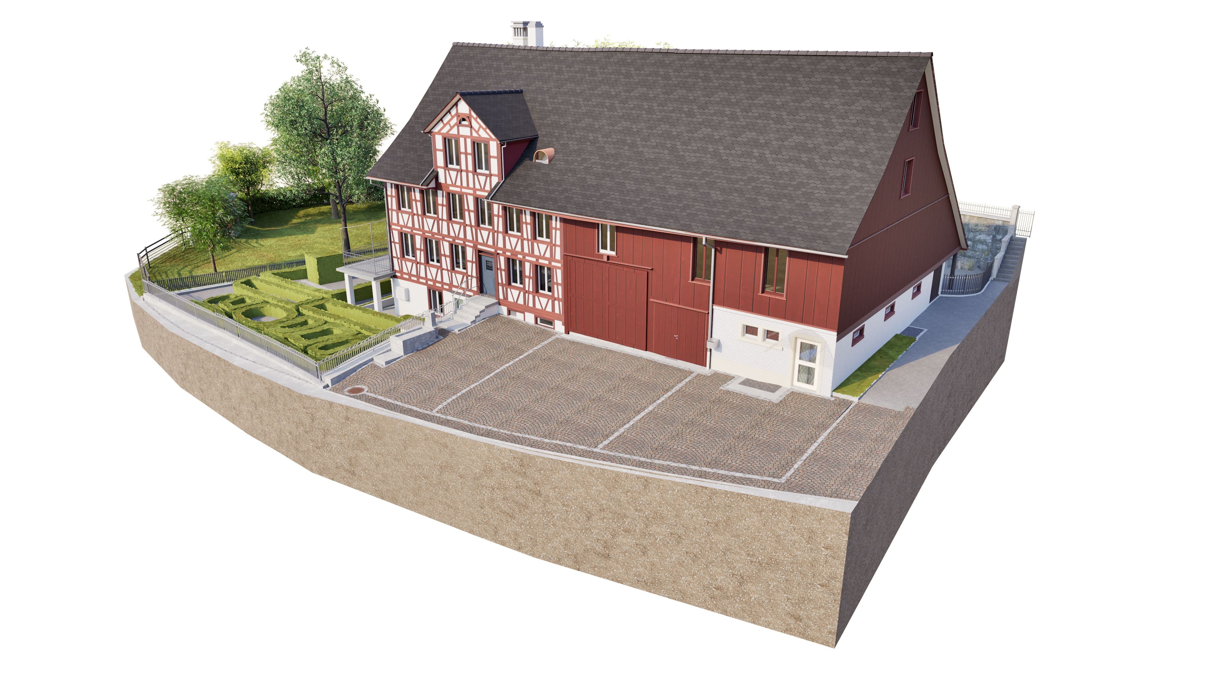 3D-Architekturvisualisierung eines roten Bauernhauses mit Fachwerk, großem Satteldach, Hofeinfahrt und Gartenanlage mit Hecken auf einem Grundstücksschnitt, perspektivische Ansicht.
