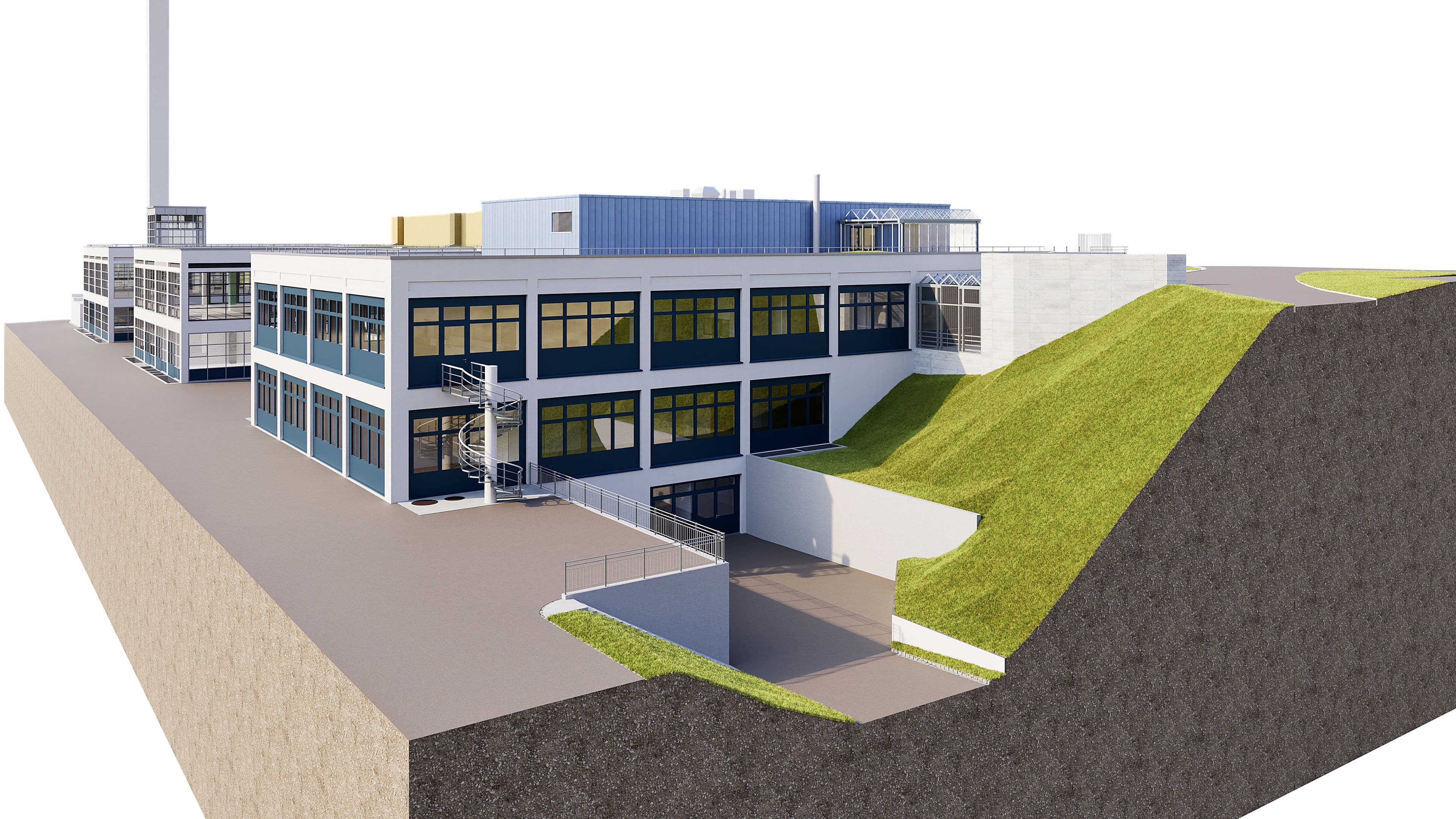 3D-Architekturvisualisierung eines modernen Industrie- und Bürogebäudes mit großen Fensterfronten, Außentreppen, Rampe und begrüntem Hang auf einem aufgeschnittenen Geländeprofil.