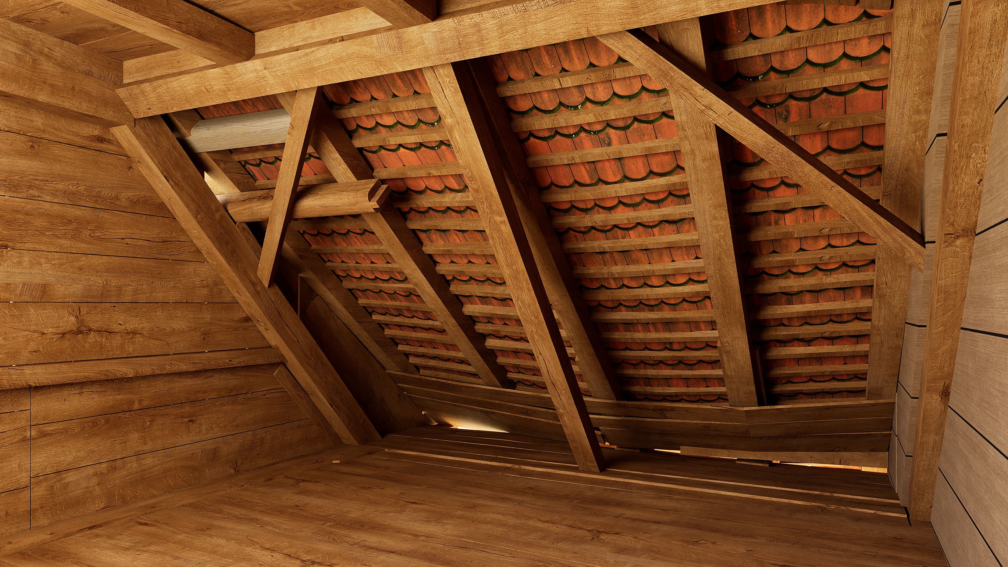Dachboden mit sichtbaren Holzbalken und Dachstuhl, Ziegeldeckung von innen, warme Holzverkleidung und schräges Dach im rustikalen Stil.
