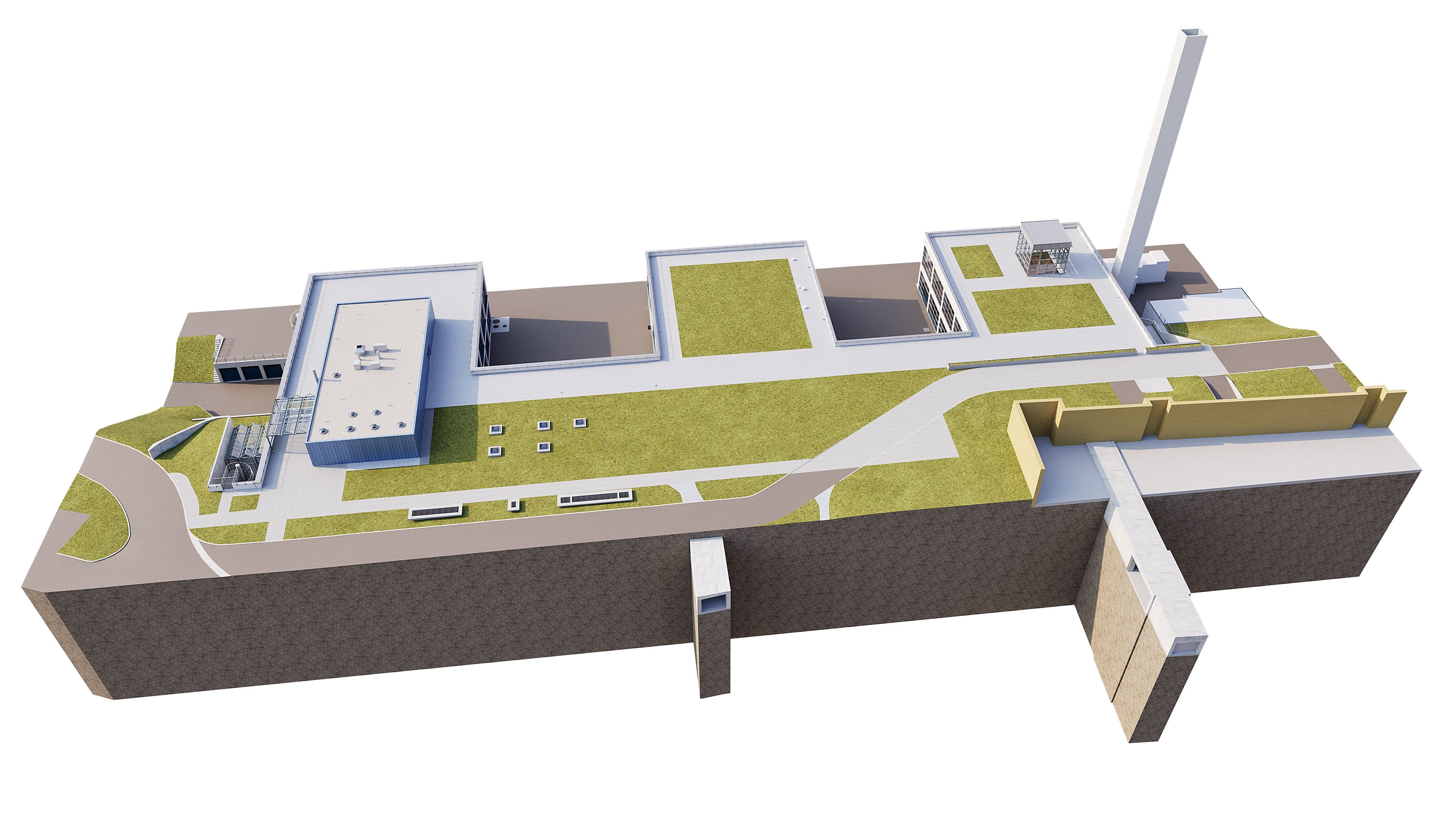 3D-Architekturvisualisierung eines modernen Gebäudekomplexes mit begrünten Dachflächen, Wegen und einem hohen Schornstein; isometrische Ansicht eines Industrie- oder Museumsareals auf weißem Hintergrund.