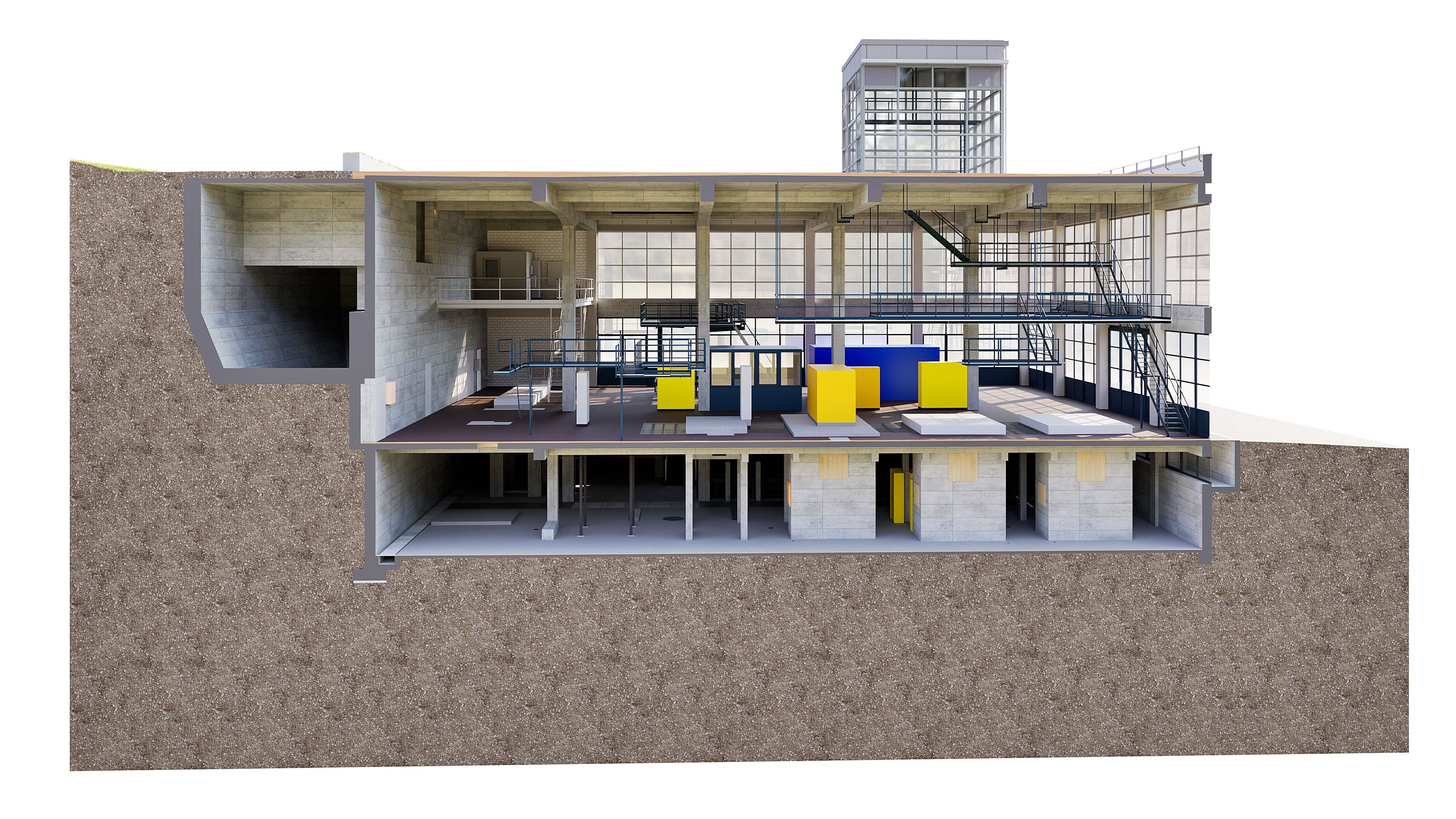 3D-Schnittansicht eines modernen Gebäudes im Erdreich: Beton- und Stahlkonstruktion mit mehreren Ebenen, Treppen und Technikräumen, gelb-blaue Module, architektonisches Render im Querschnitt.