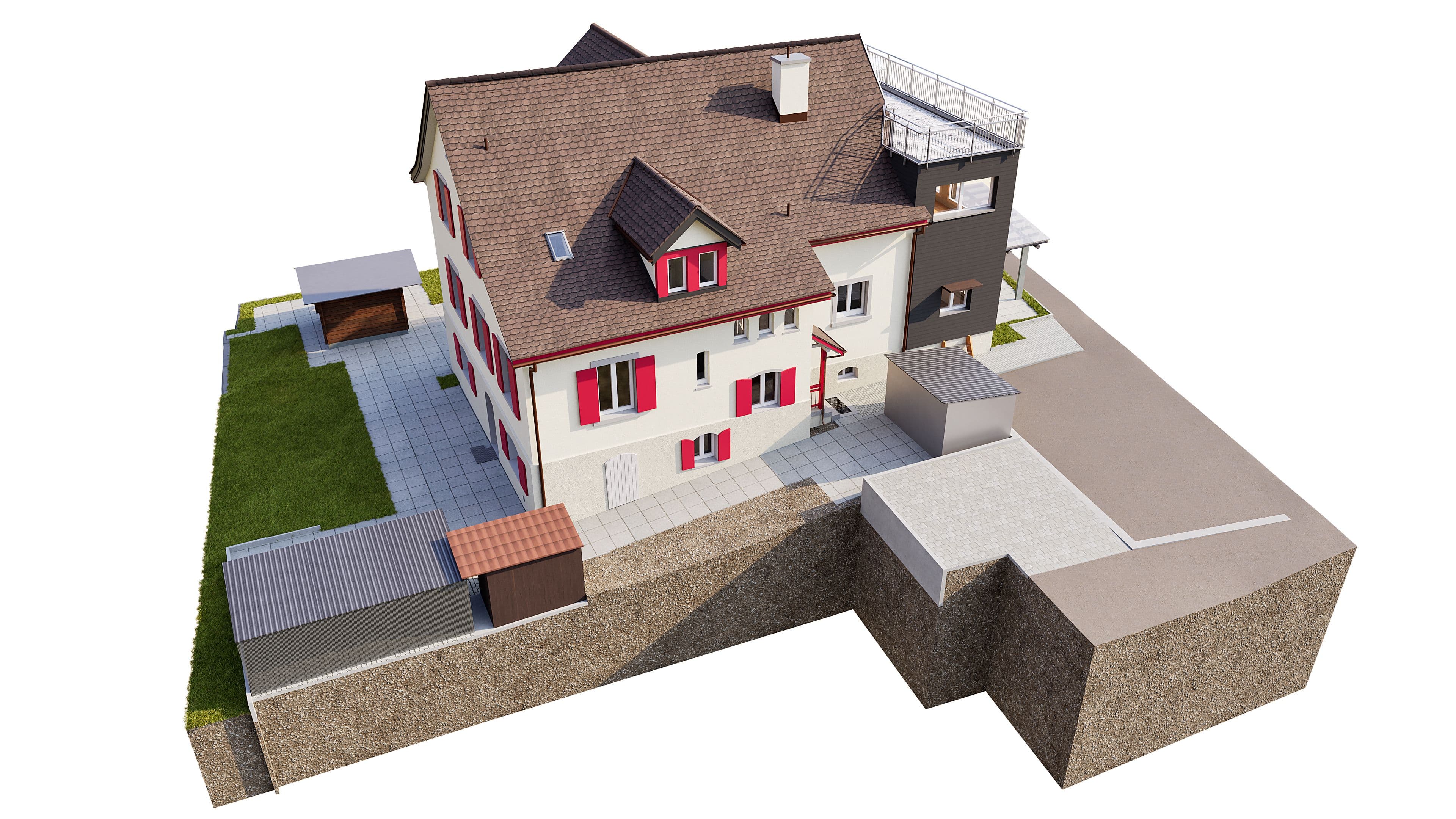 Einfamilienhaus-Design mit rotem und weißem Fassaden, mehreren Dächern und umliegender Terrasse.
