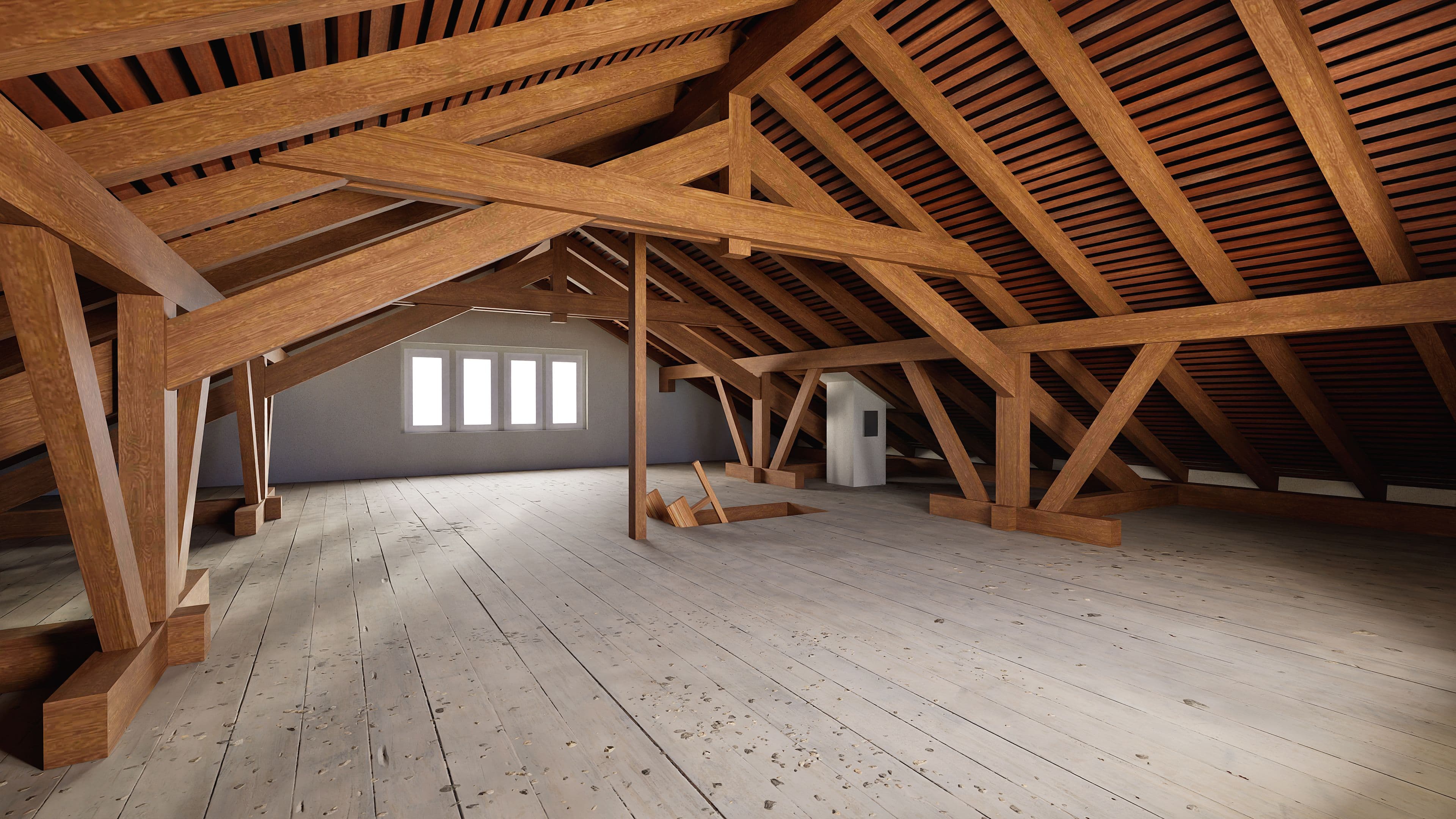 Geräumiger Dachboden mit sichtbaren Holzbalken, Holzfußboden und mehreren Fenstern.