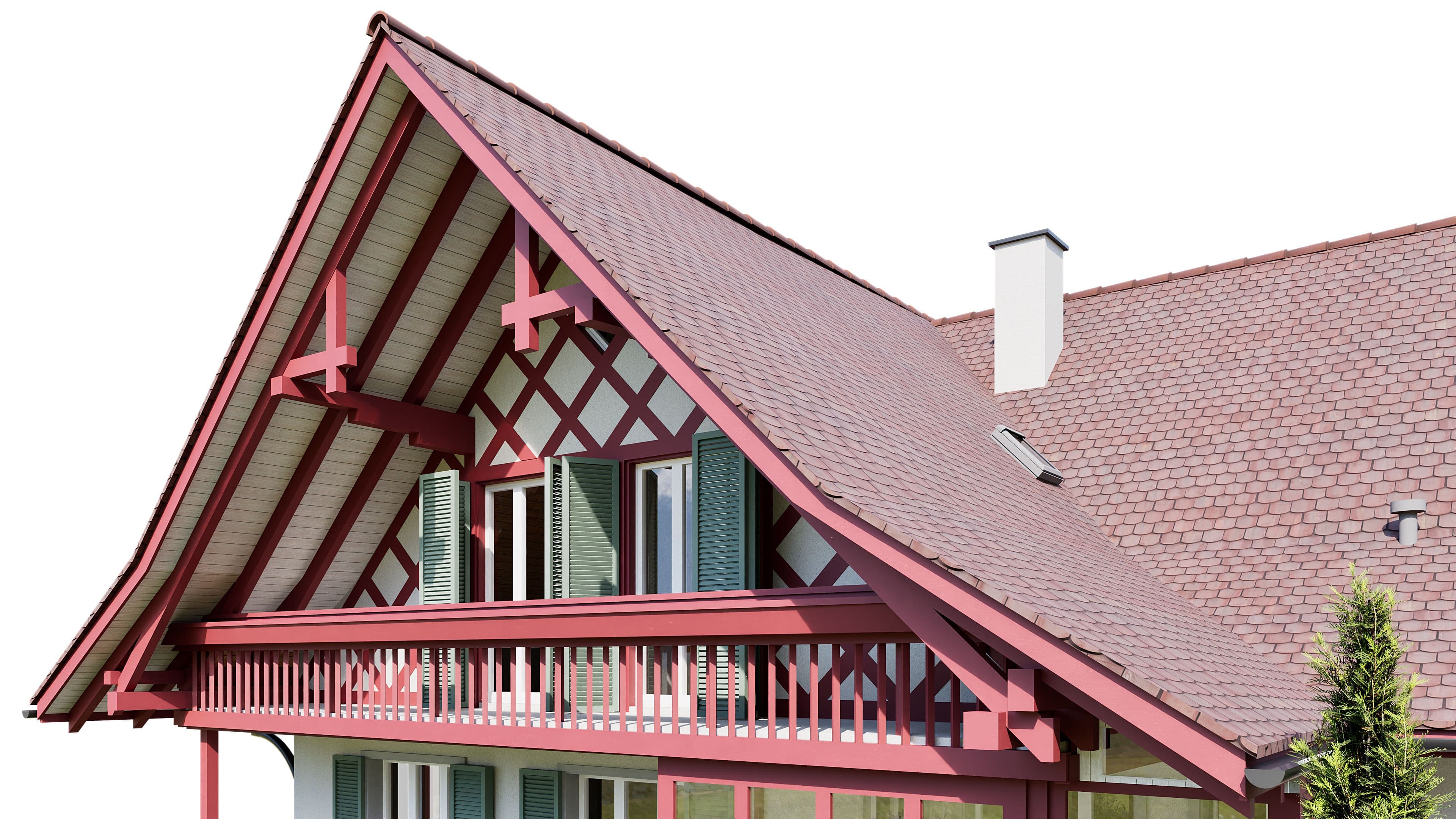 Das Bild zeigt ein modernes Einfamilienhaus mit rotem Satteldach und Holzbalkon.