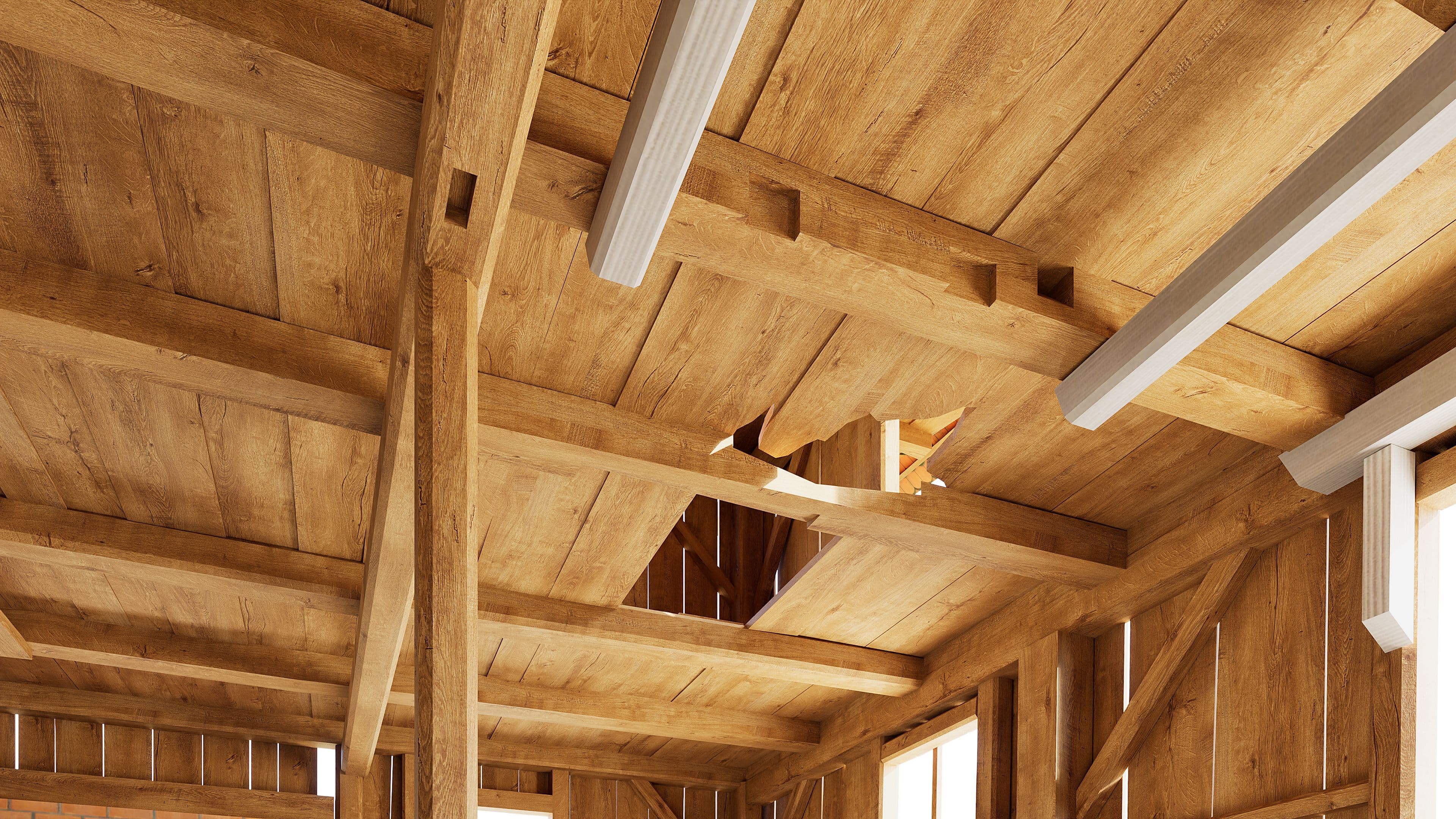 Holzdecke mit sichtbaren Balken in einem Holzrahmenbau, Öffnung in der Deckenverkleidung und montierte Leuchtstoffröhren, Innenansicht eines unfertigen Gebäudes.
